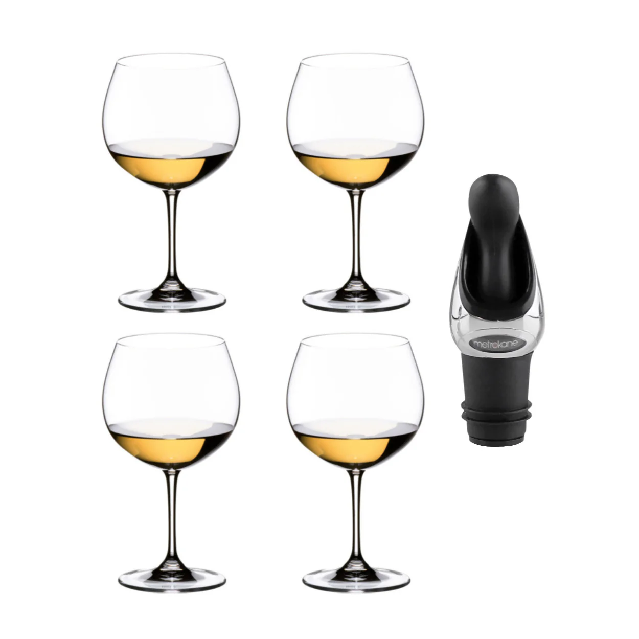 Riedel VINUM Montrachet/Chardonnay Glasses (4) and Wine Pourer with Stopper