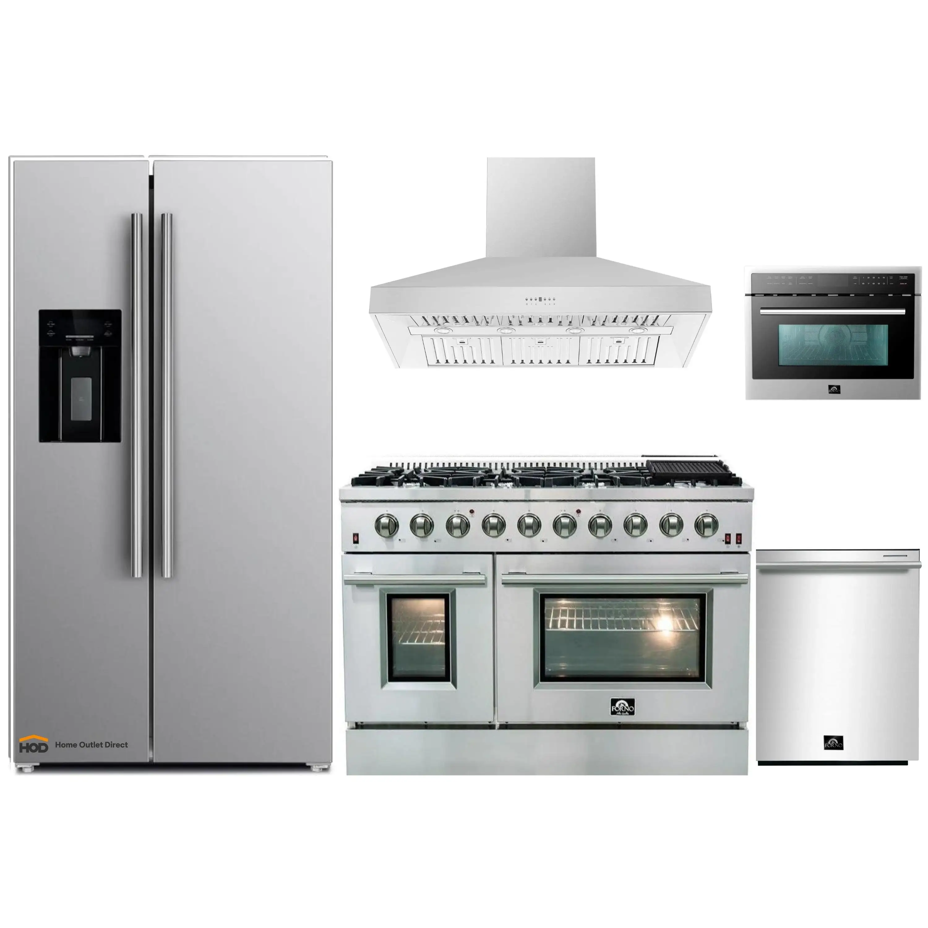 Forno 5-Piece Appliance Package - 48-Inch Gas Range, Refrigerator with Water Dispenser, Wall Mount Hood, 24-Inch Microwave Oven, & 3-Rack Dishwasher in Stainless Steel