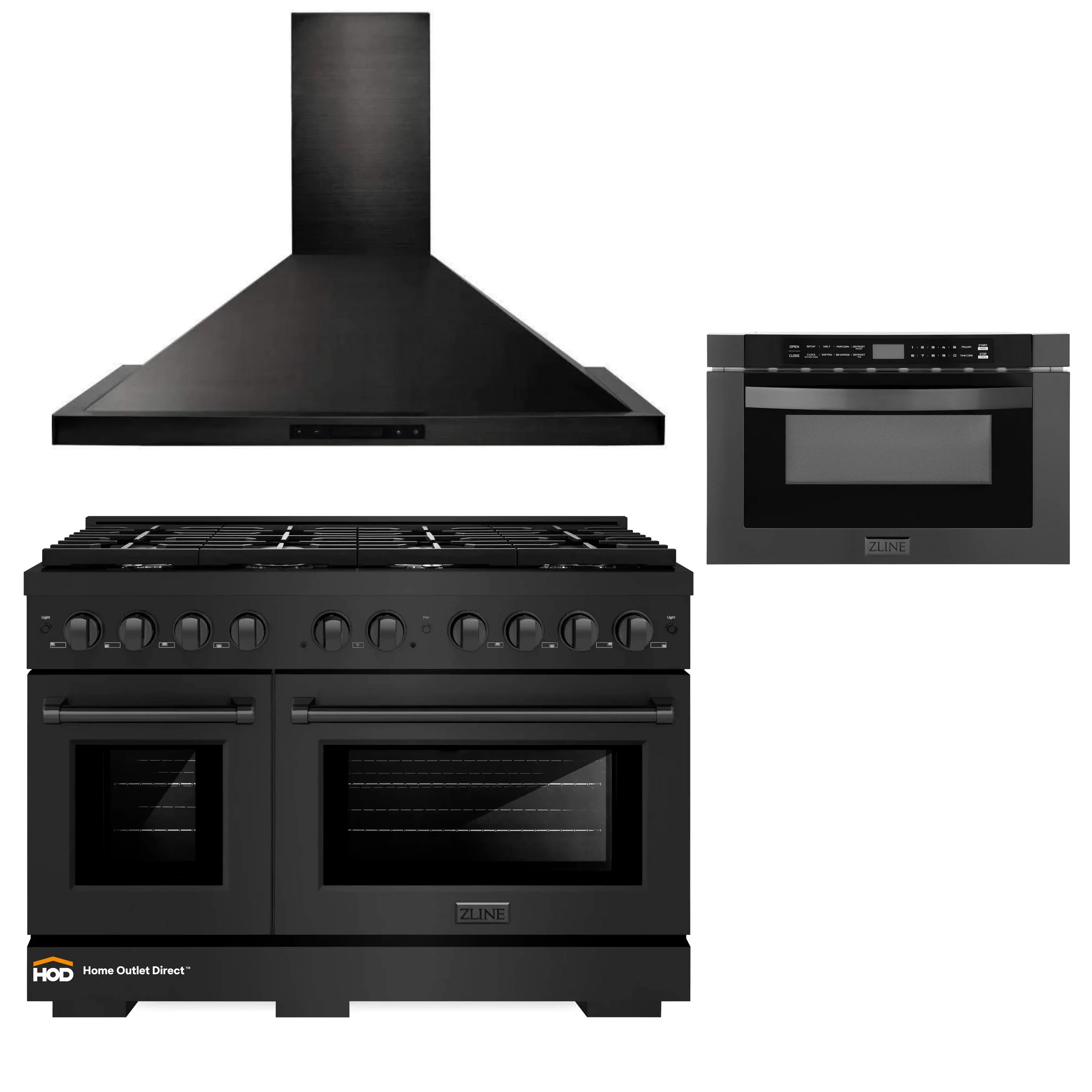 ZLINE 3-Piece Appliance Package - 48-Inch Gas Range, Convertible Wall Mount Hood, and Microwave Drawer in Black Stainless Steel (3KP-SGRBRH48-MW)