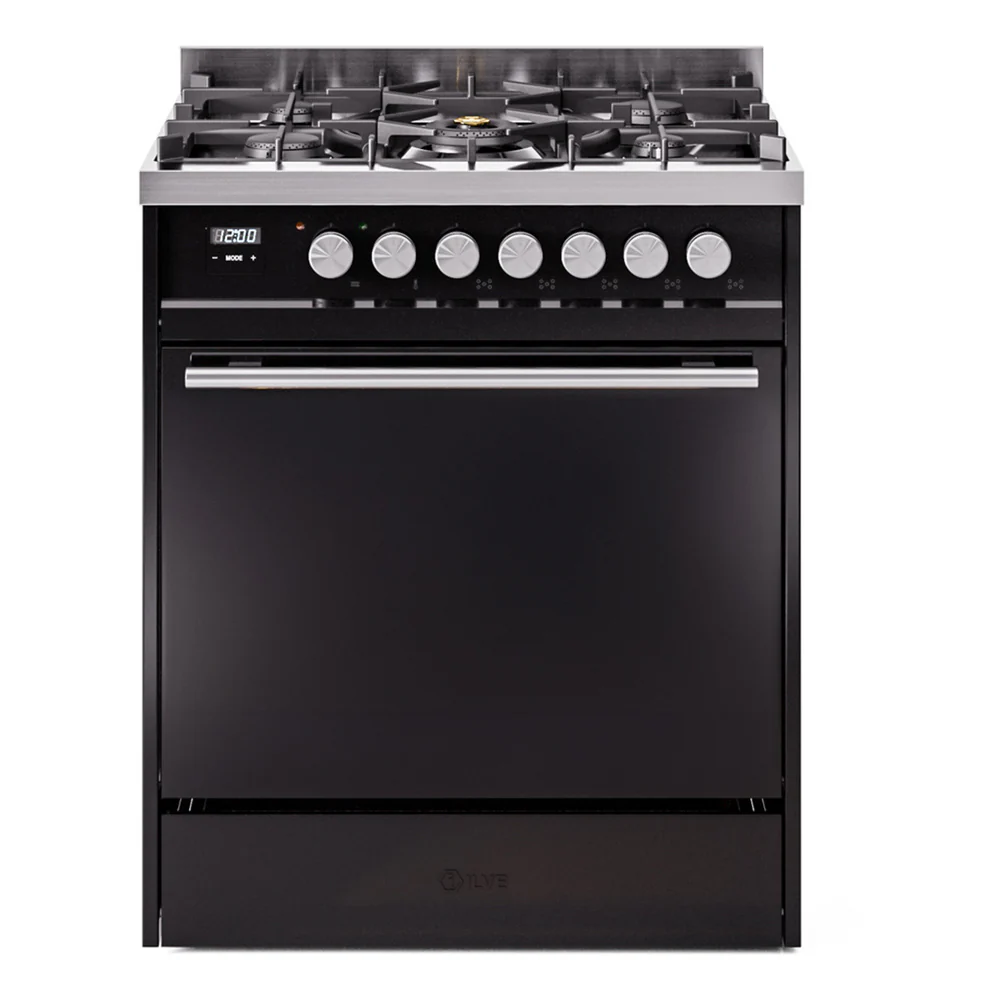 ILVE Professional Plus II 30-Inch Dual Fuel Range with Solid Door in Glossy Black (UP30QMPBK)
