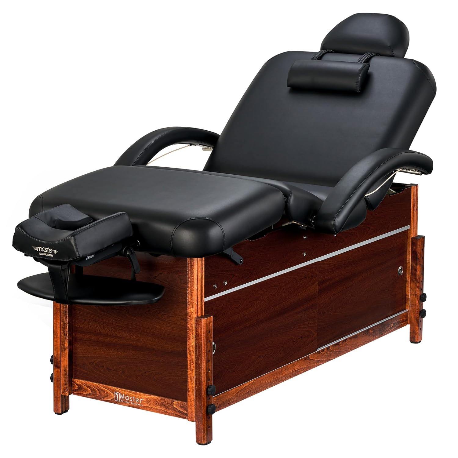 Master Massage Cabrillo Stationary Massage Table - Facial Beauty Lash Bed - 4 Section Salon Spa Bed with Storage Cabinet - Pneumatic Tilting Backrest and Leg Rest, Black with Walnut Legs, 30 Inch