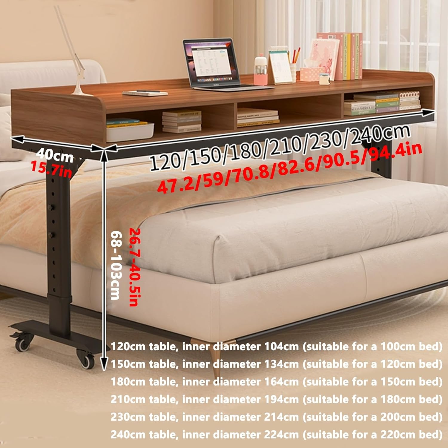 360° Rolling Wheels Over Bed Office Desk, Height Adjustable Overbed Table with Drawer and 3-Side Guard Rails, Laptop Workstation for Bedroom, Living Room(Gray,240cm/94.4in)