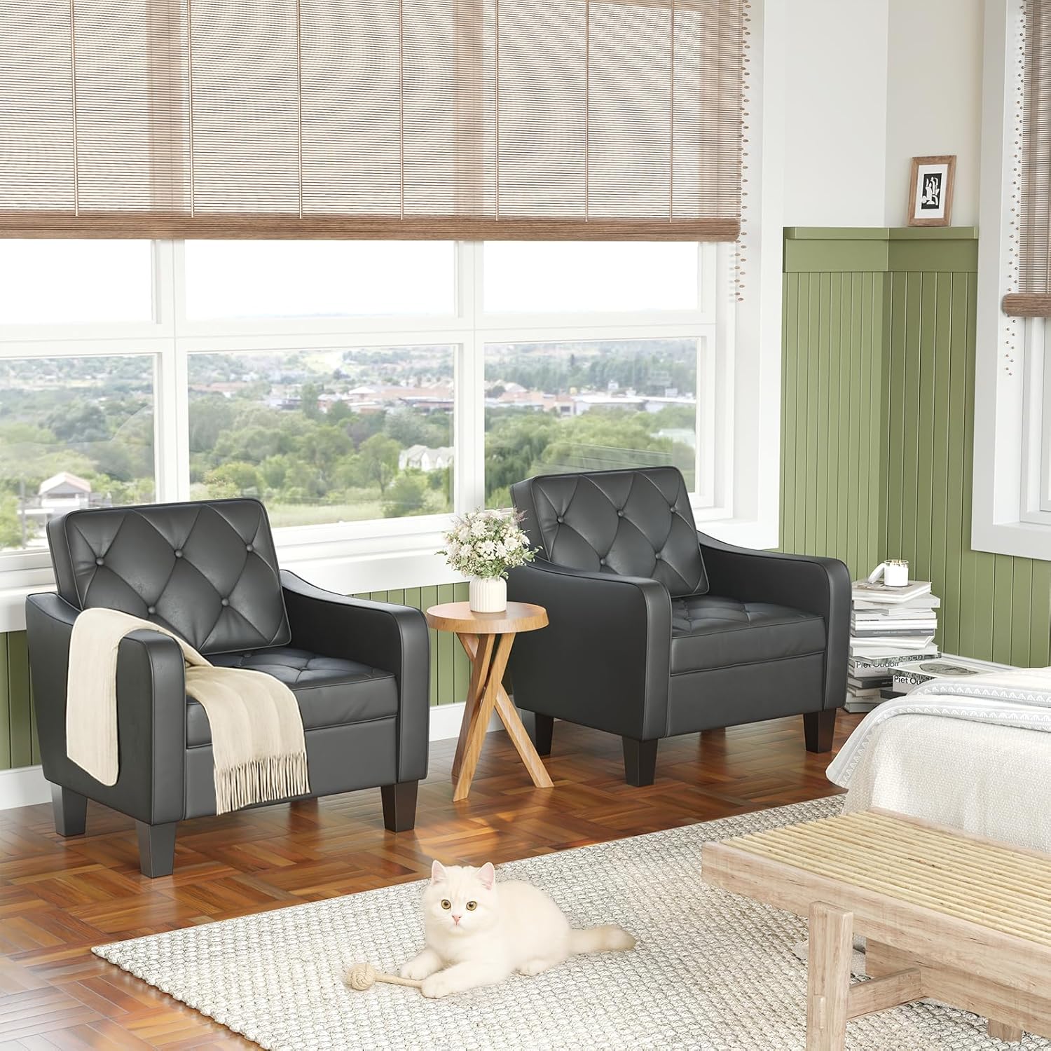 STHOUYN Living Room Arm Chairs Set of 2, Black Faux Leather Accent Chair, Waiting Room Chairs, Office Reading Chair for Guest (2, Black)