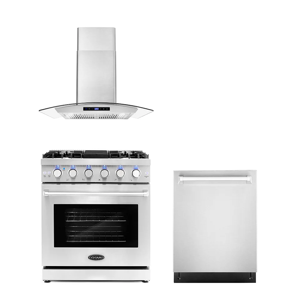 Cosmo 3 - Piece Appliance Package - 30-Inch Gas Range, 30-Inch Wall Mount Range Hood and 24-Inch Dishwasher (COS-3PKG-022)
