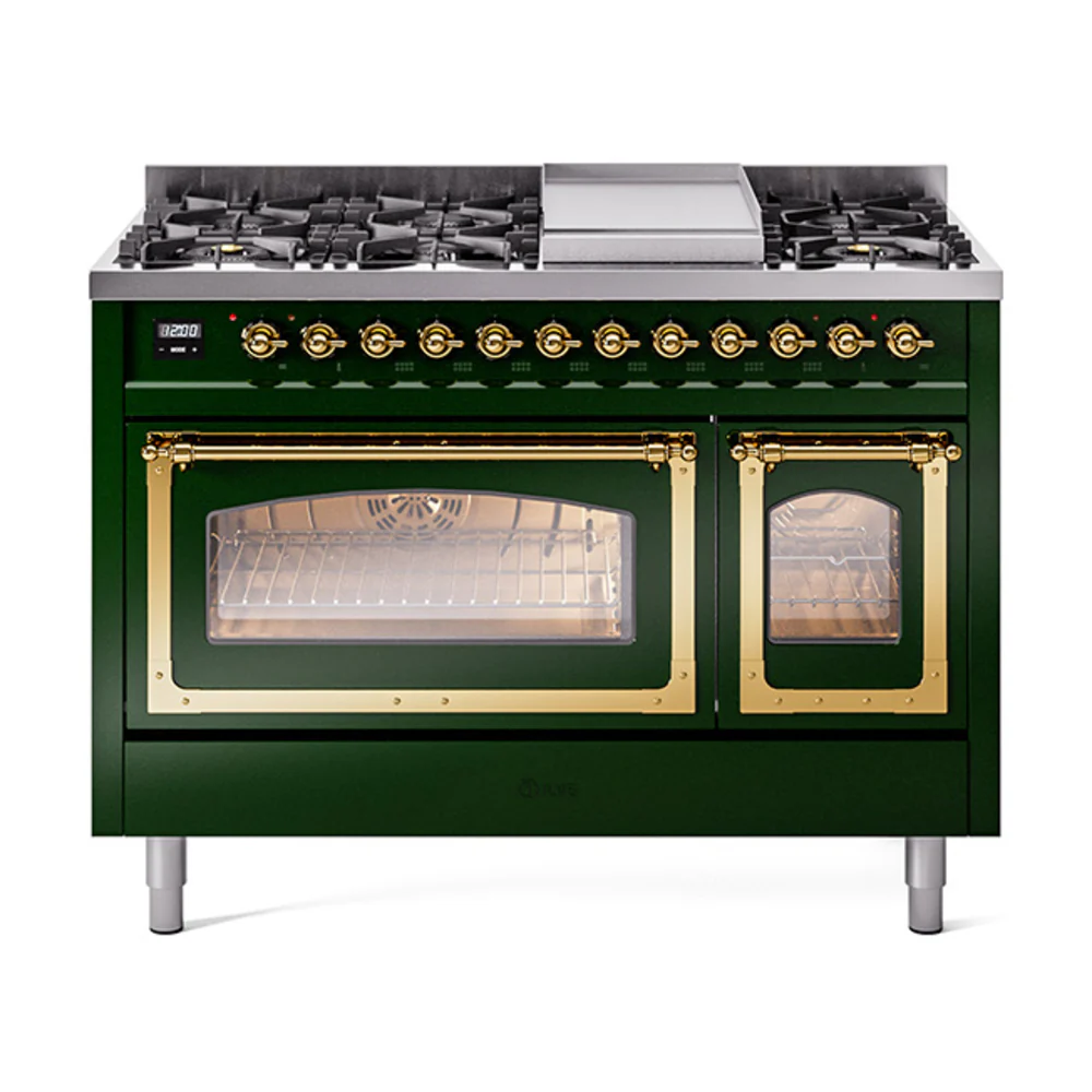 ILVE Nostalgie II Noblesse 48-Inch Dual Fuel Freestanding Range in Emerald Green with Brass Trim (UN48FNMPEGG)
