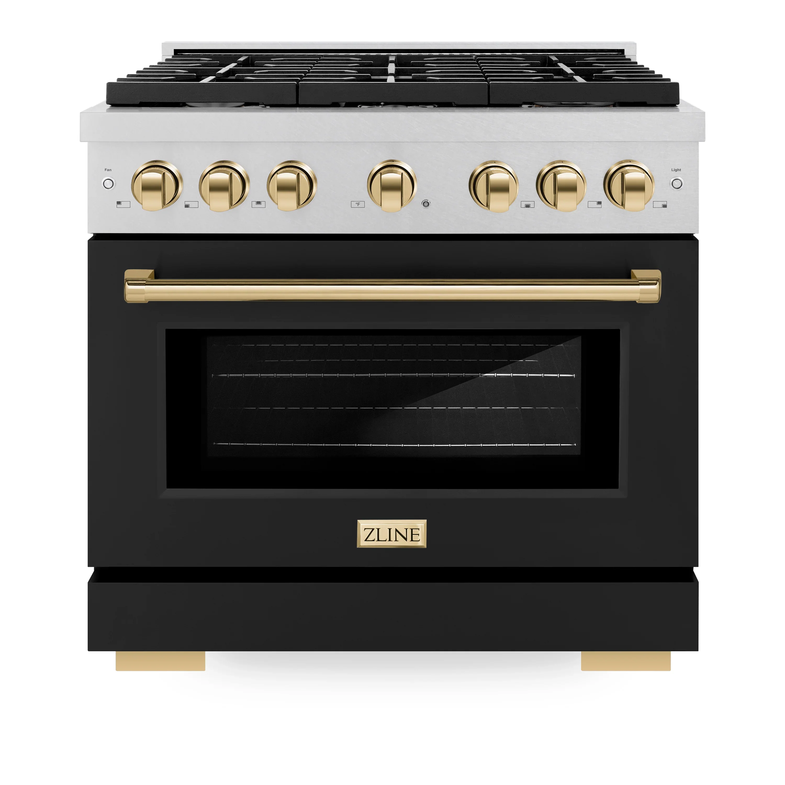 ZLINE Autograph Edition 36-Inch Paramount Gas Range with Convection Oven in Fingerprint Resistant Satin Stainless Steel with Black Matte Door and Polished Gold Accents (SGRSZ-BLM-36-G)