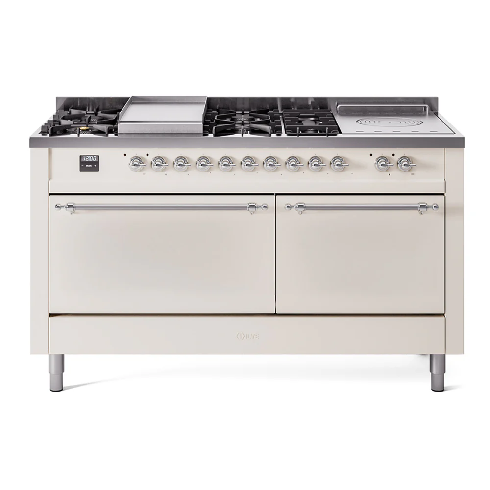ILVE Nostalgie II 60-Inch Dual Fuel Range with 7 Burners, Griddle, & French Top with Solid Door Oven in Antique White with Chrome Trim (UP60FSQNMPAWC)