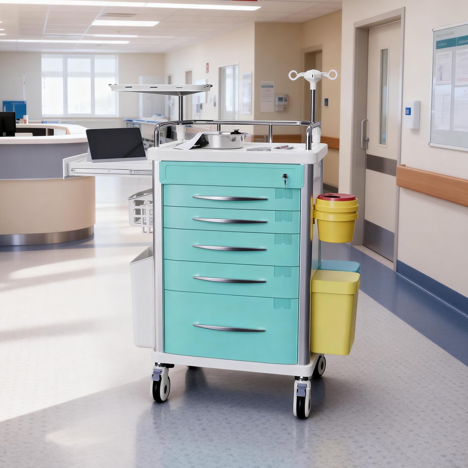 Rolling Crash Cart Medical with Drawers - Adjustable IV Pole, Silent Casters, Needle Disposal Holder, Trash Bin, O2 Holder, Utility Trolley Cart for Clinic, Hospital, Salon, Lab