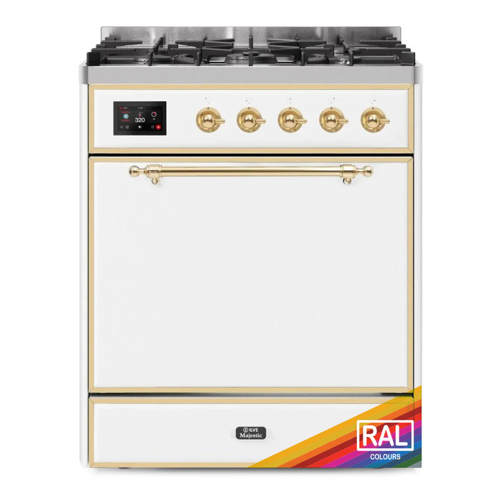 ILVE 30-Inch Majestic II Dual Fuel Range with 5 Burners - 4 cu. ft. Solid Door Oven - Brass Trim in Custom RAL Color (UM30DQNE3RAG)