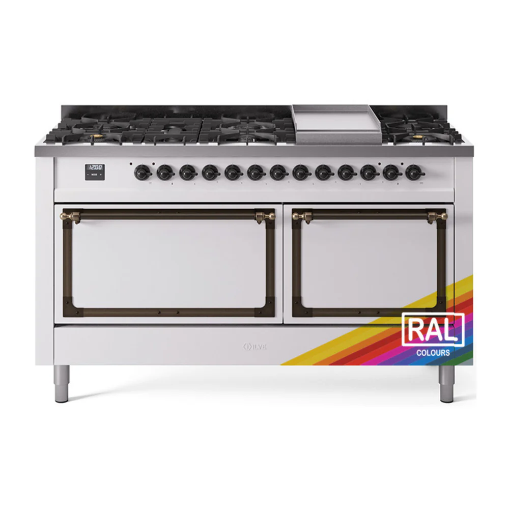 ILVE 60-Inch Nostalgie II Noblesse Dual Fuel Range with 9 Sealed Burners, Griddle, and Solid Door Oven in Custom RAL with Bronze Trim (UN60FQNMPRAB)