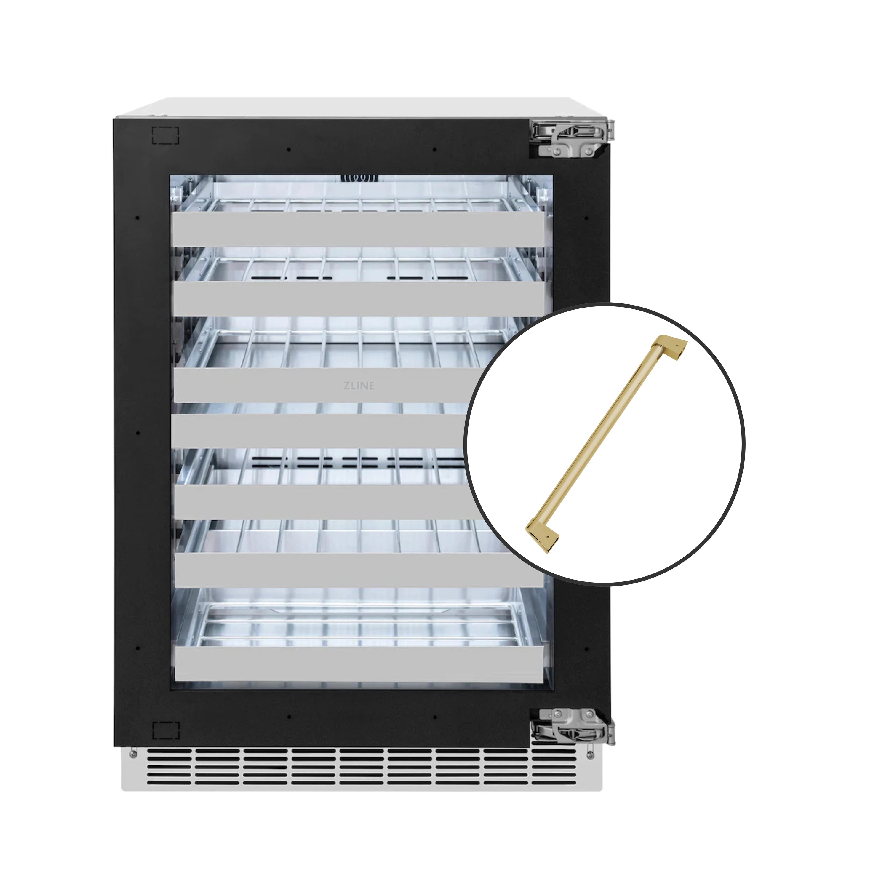 ZLINE Autograph Edition 24-Inch Touchstone Dual Zone 44 Bottle Indoor/Outdoor Wine Cooler with Panel Ready Glass Door and Champagne Bronze Handle (RWDPOZ-24-CB)