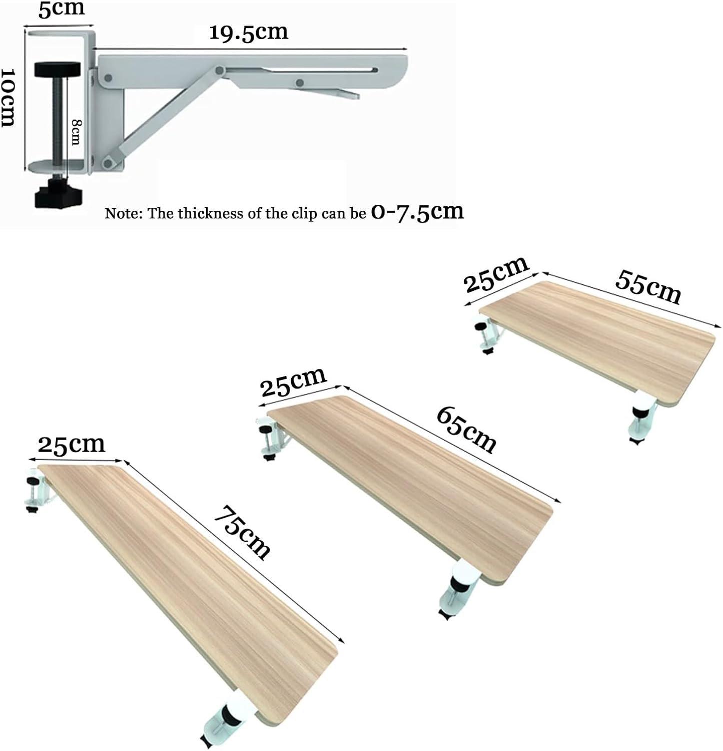 Ergonomic Desk Extender 90° Folding Clamp On Keyboard Tray 55/65/75x25cm, Table Mount Armrest Shelf, Fully Supports The Arms, Ideal for Long Hours of Typing and Gaming,
