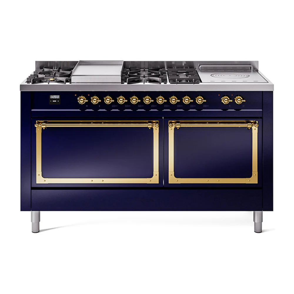 ILVE 60-Inch Nostalgie II Noblesse Dual Fuel Range with 7 Sealed Burners, Griddle, French Top, and Solid Door Oven in Midnight Blue with Brass Trim (UN60FSQNMPMBG)