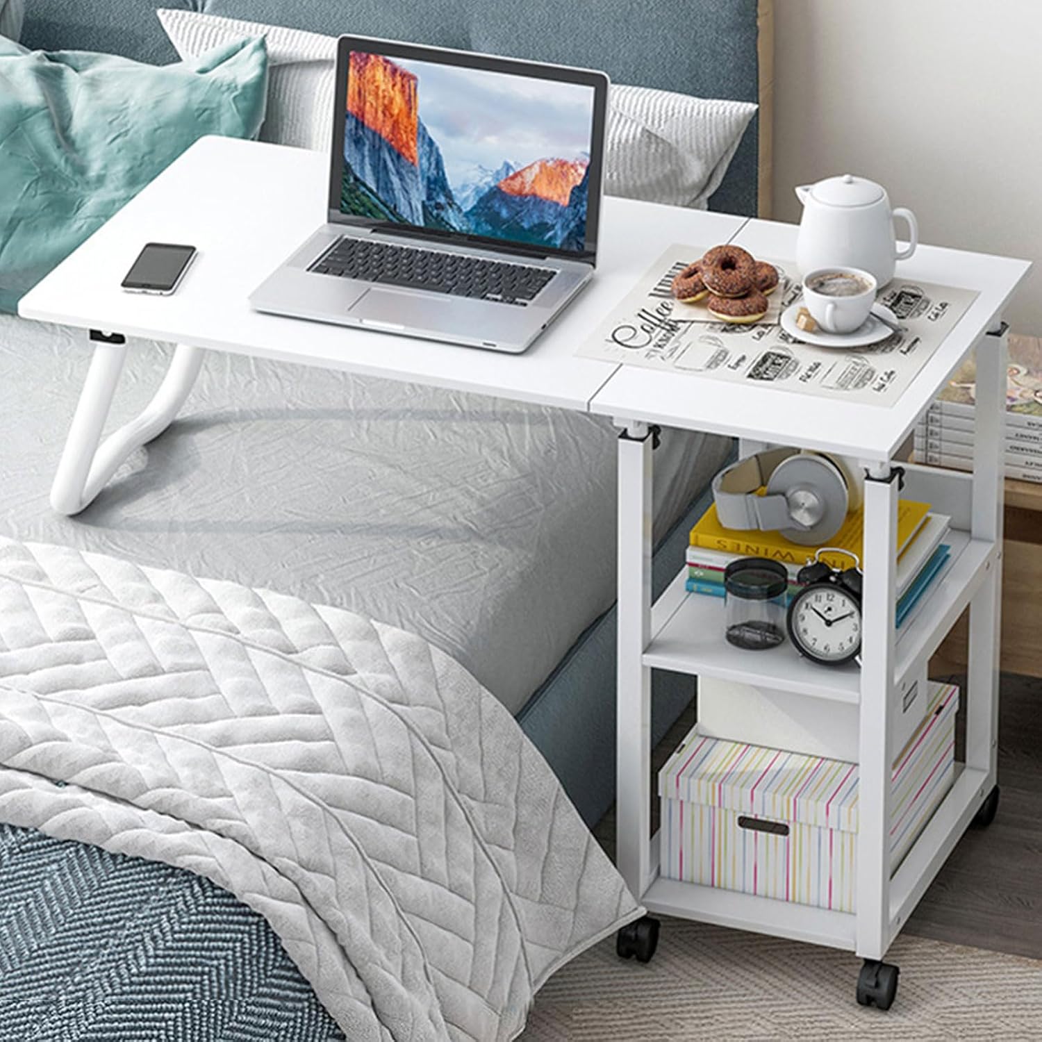 2 in 1 Foldable Overbed Table with Wheels, Bedside Table Adjustable Height, Mobile Computer Desk Laptop Table, Standing Over Bed Table for Hospital and Home Use,White a