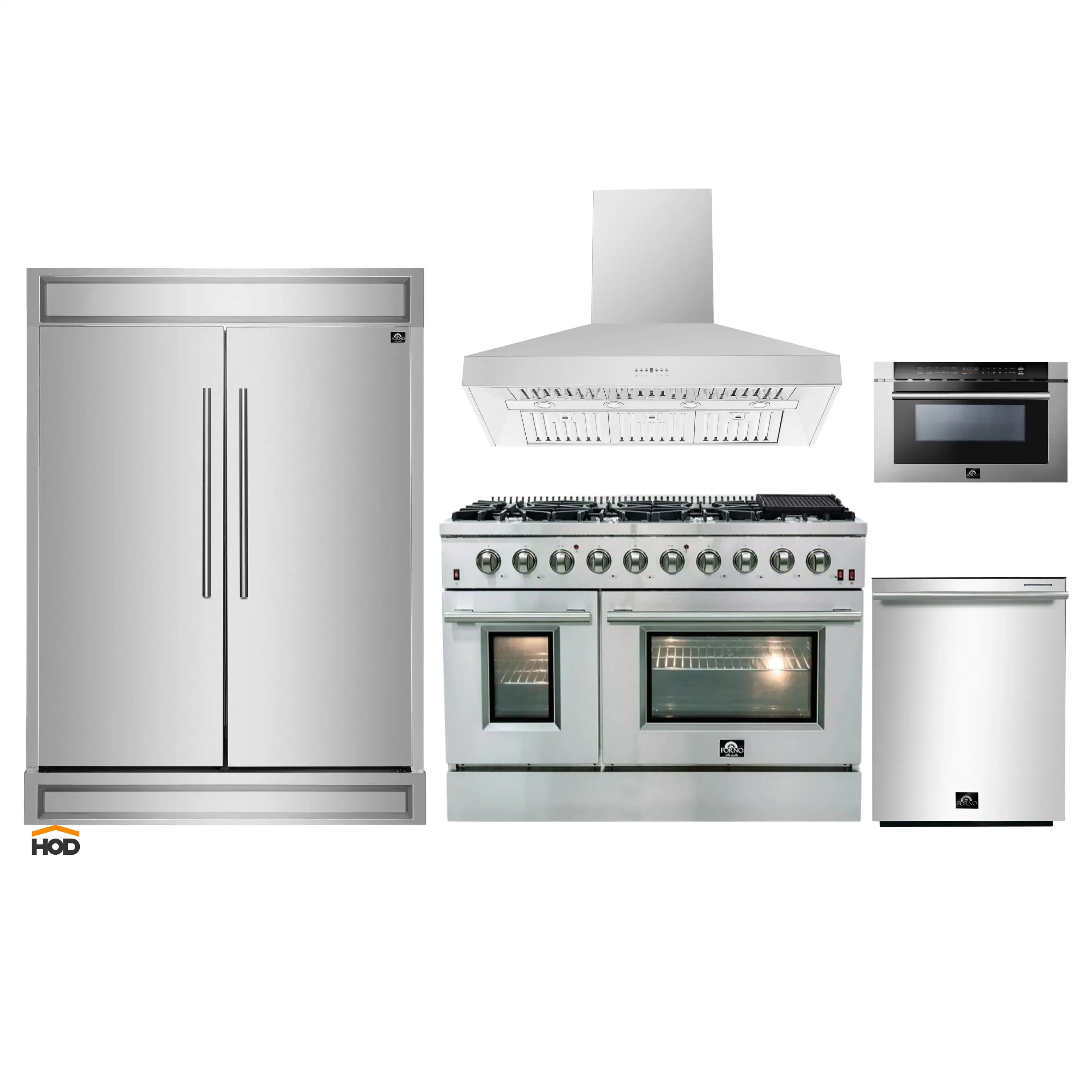 Forno 5-Piece Appliance Package - 48-Inch Gas Range, 60-Inch Refrigerator, Wall Mount Hood, 24-Inch Microwave Drawer, & Dishwasher in Stainless Steel
