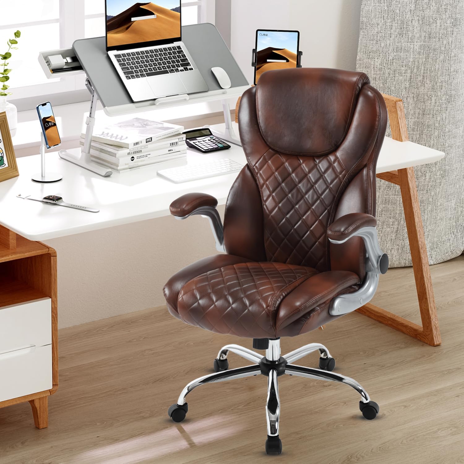 Big and Tall Executive Office Chair Brown, PU Leather High Back Office Desk Chairs with Wheels, Rocking Managerial Ergonomic Big Tall Home Computer Chairs with Flip up Arms and Lumbar Support