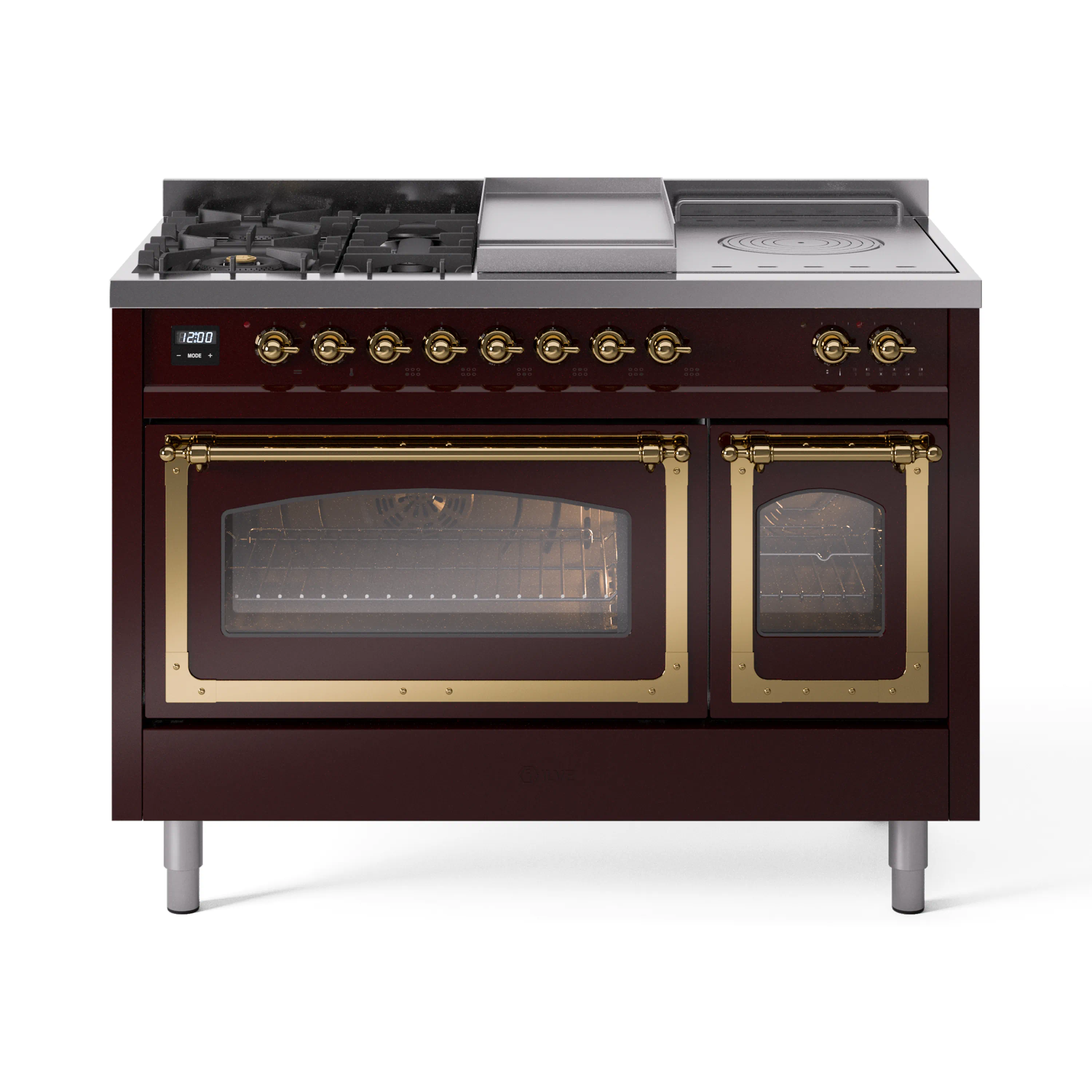 ILVE Nostalgie II Noblesse 48-Inch Dual Fuel Range with 5 Burners, Griddle, & French Top with Triple Glass Door Oven in Burgundy with Brass Trim (UN48FSNMPBUG)