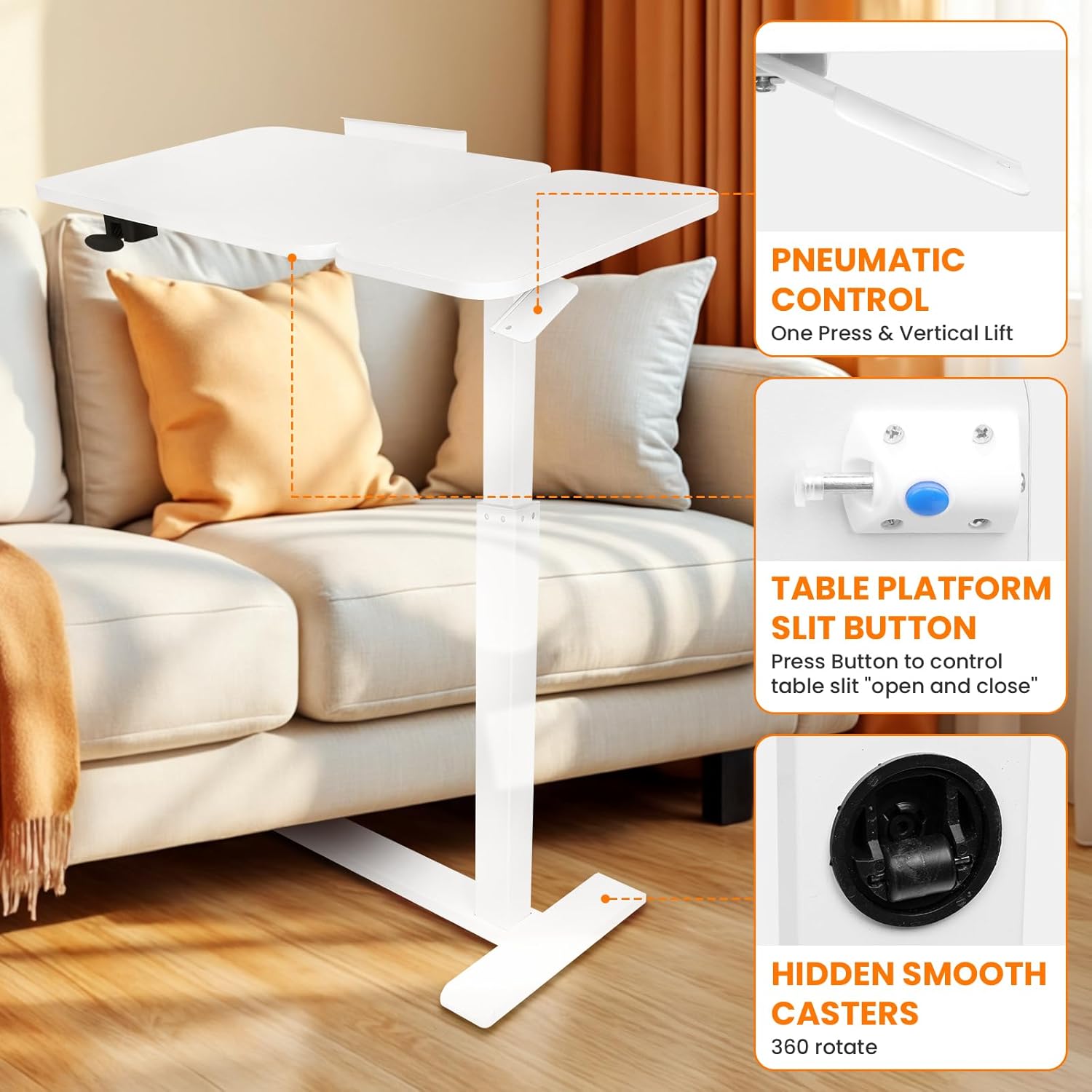 Adjustable Pneumatic Overbed Bedside Table with Wheels Split Top Tilting Mobile Standing Desk Portable Computer Cart Movable Desk Hospital Home Office Use (15.7