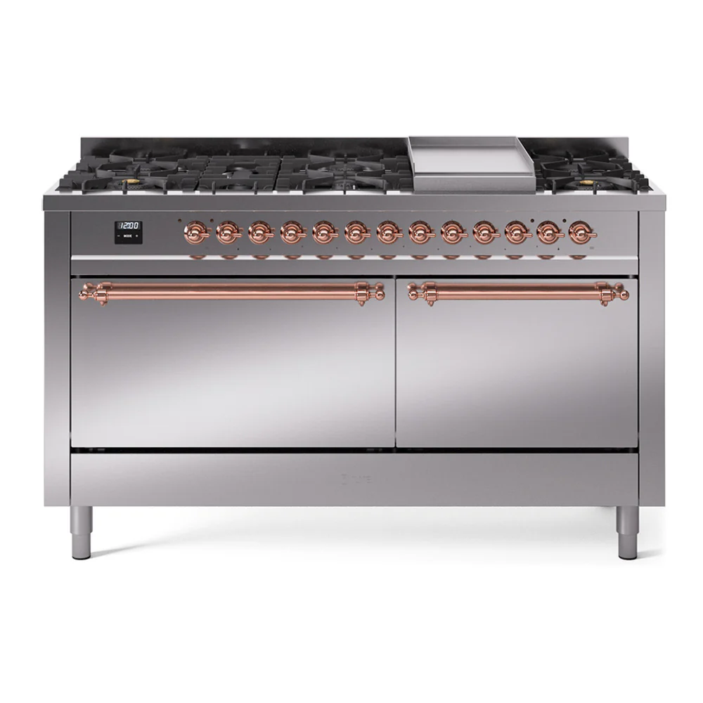 ILVE 60-Inch Nostalgie II Dual Fuel Range with 9 Burners, Griddle, and Solid Door Oven in Stainless Steel with Copper Trim (UP60FQNMPSSP)