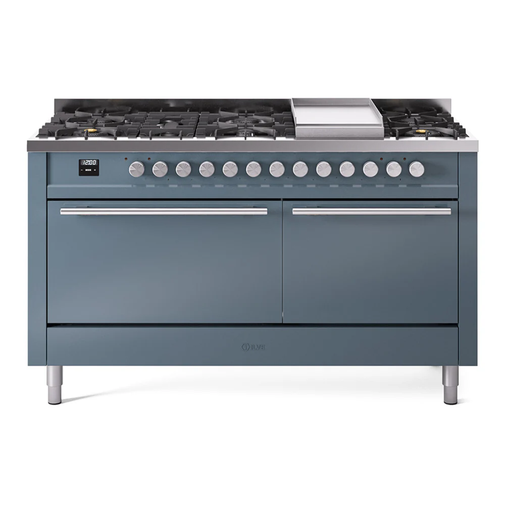 ILVE 60-inch Professional Plus II Dual Fuel Range with 9 Burners, Griddle, and Solid Door Oven in Blue Grey (UP60FQMPBG)