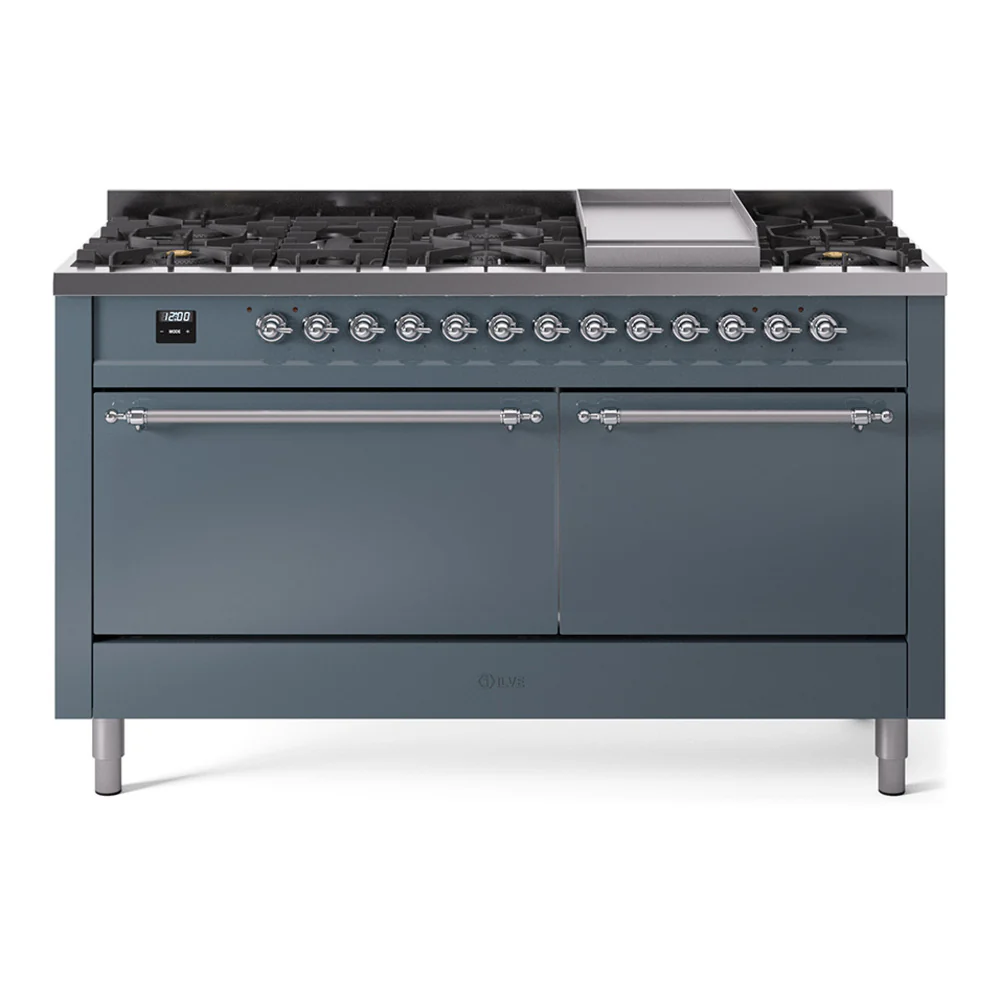 ILVE 60-Inch Nostalgie II Dual Fuel Range with 9 Burners, Griddle and Solid Door Oven in Blue Grey with Chrome Trim (UP60FQNMPBGC)