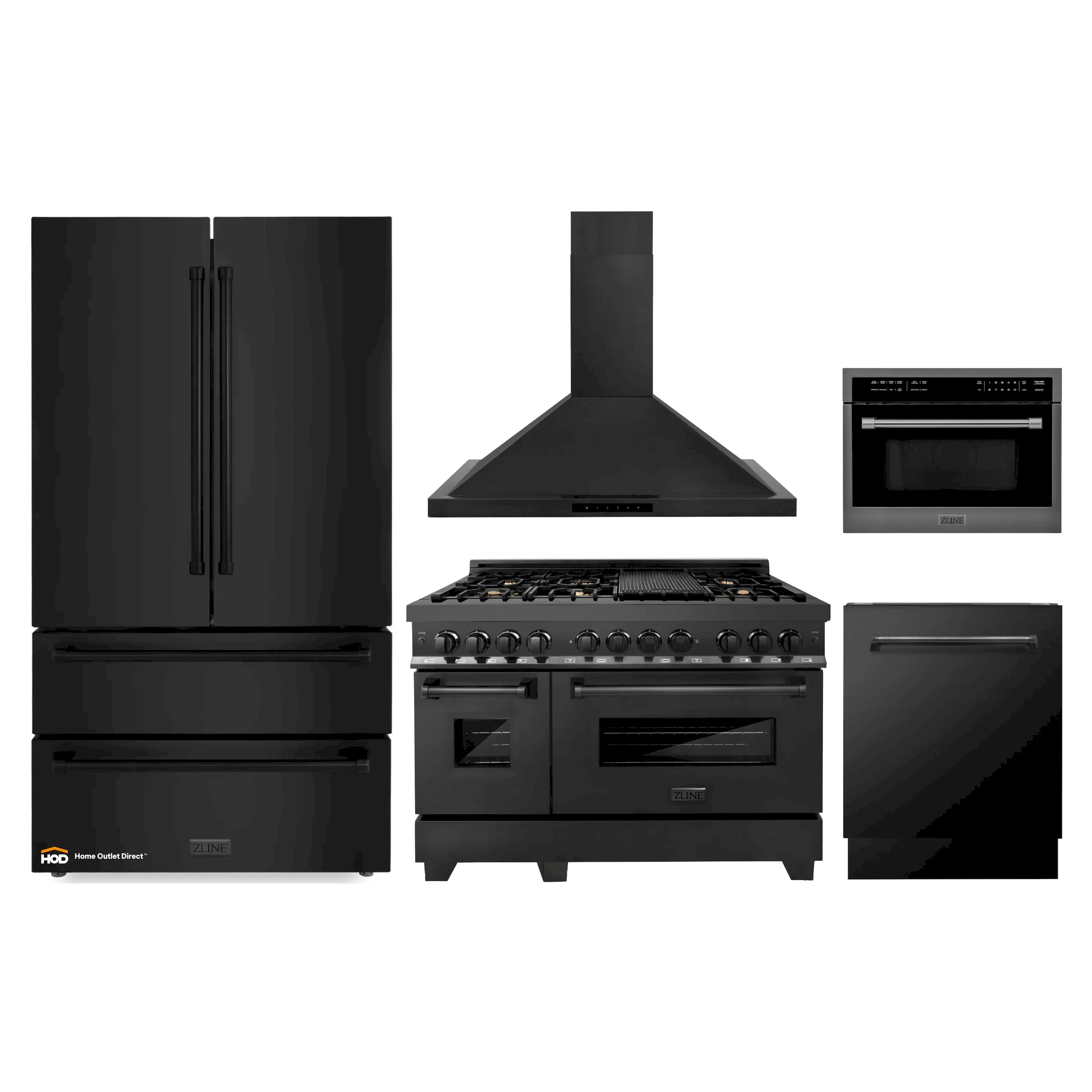ZLINE 5-Piece Appliance Package - 48-Inch Dual Fuel Range, Refrigerator, Convertible Wall Mount Hood, Microwave Oven, and 3-Rack Dishwasher in Black Stainless Steel