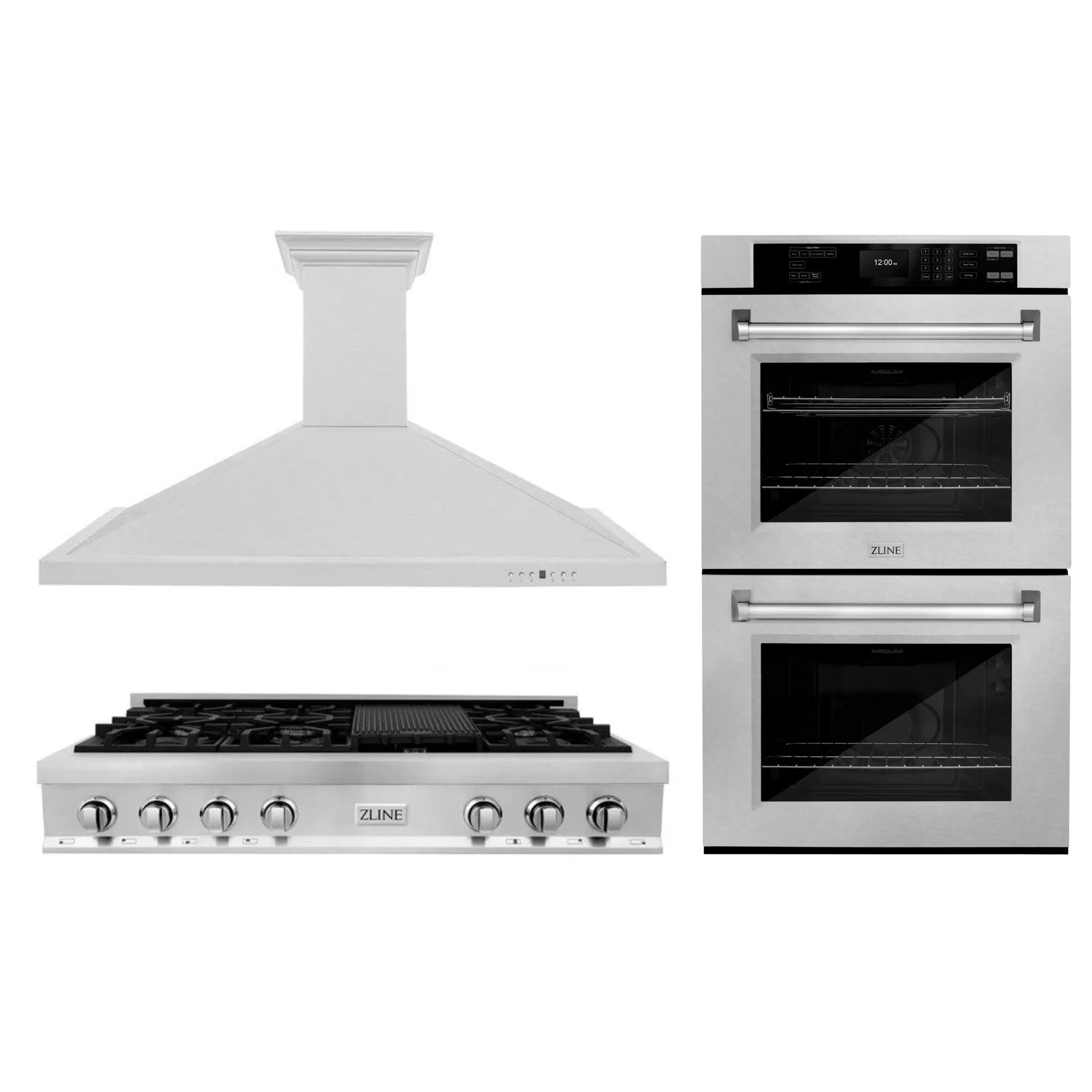 ZLINE 3-Piece Appliance Package - 48-Inch Rangetop, Wall Mount Range Hood, Double Wall Oven in Satin Stainless Steel (3KP-RTSRH48-AWD)