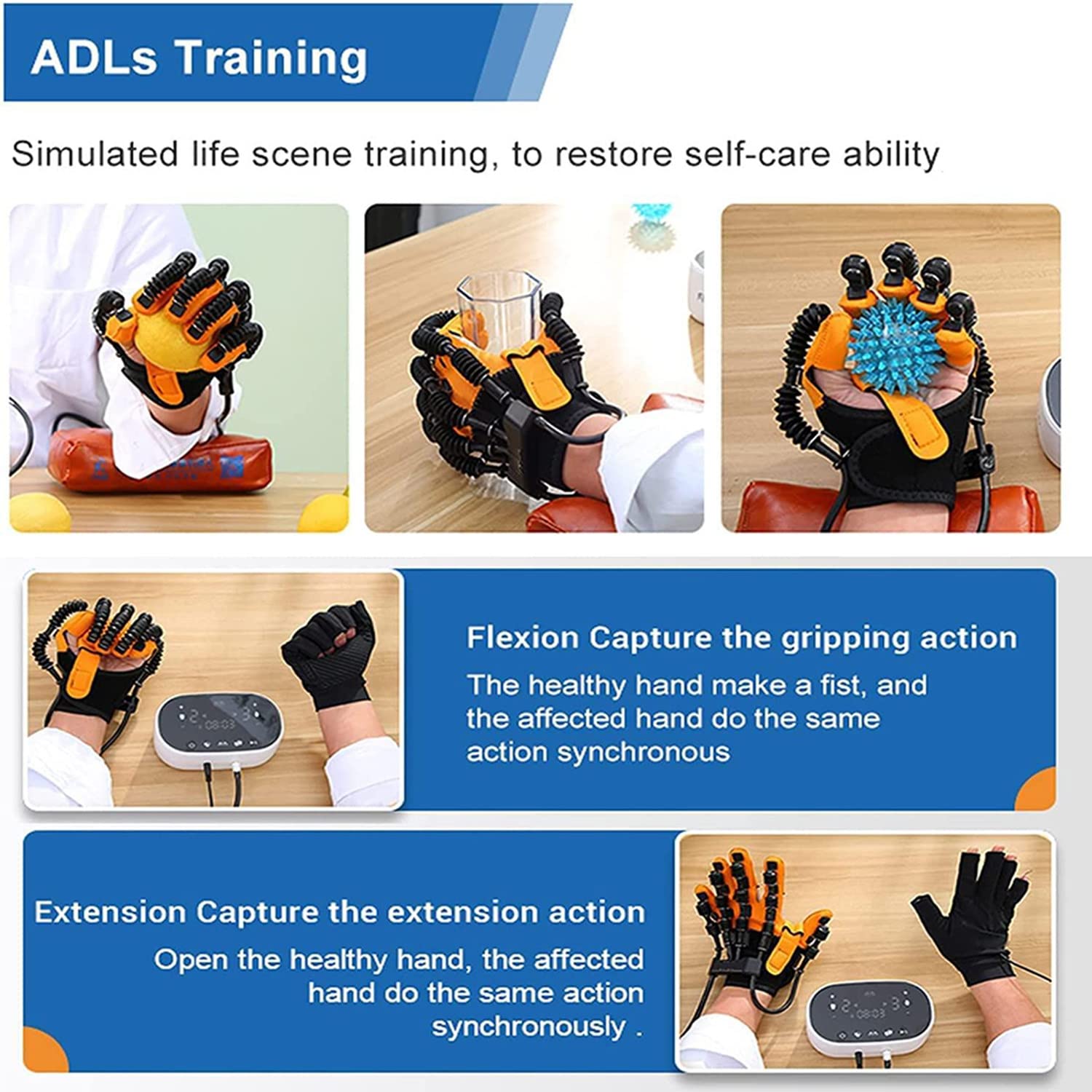 Rehabilitation Robot Gloves, Functional Hand Splint Finger Training Rehab Orthotics for Hand Dysfunction Patients Exercise Finger Joint,LeftOrange-M (RightBlue XL)