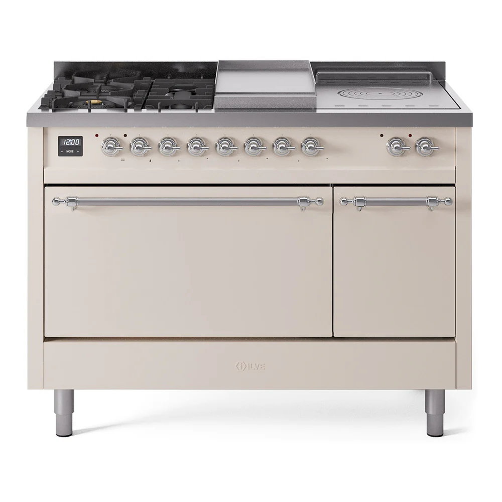 ILVE Nostalgie II 48-Inch Dual Fuel Range with 5 Burners, Griddle, & French Top, with Solid Door Oven in Antique White with Chrome Trim (UP48FSQNMPAWC)