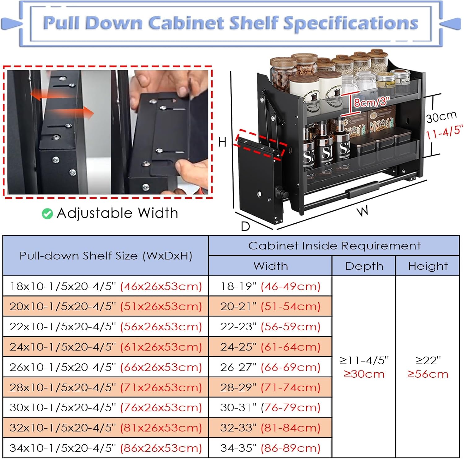24 Inch Pull Down Shelf for Upper Cabinets 18 20 22in 26 28 30 32 34