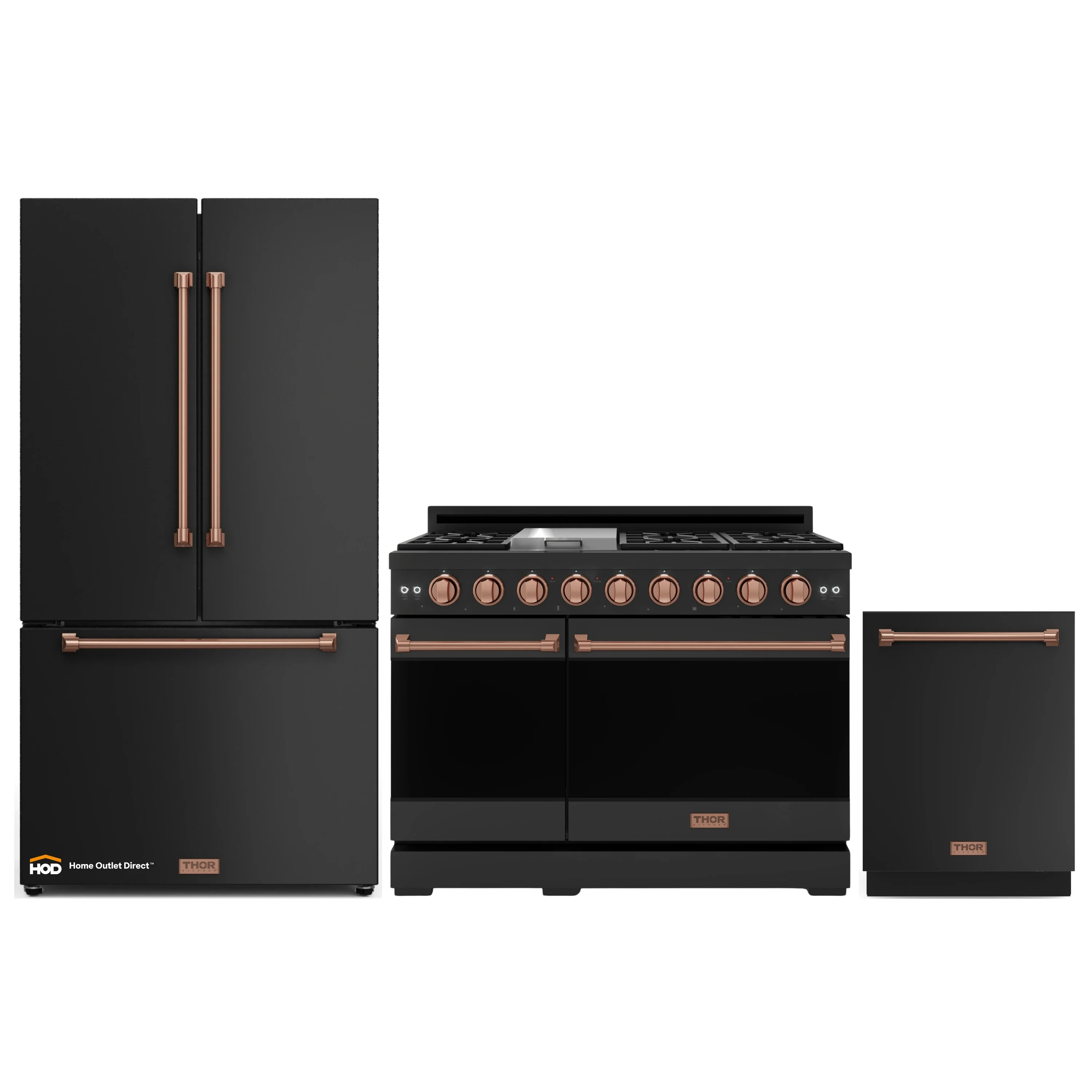 Gordon Ramsay by Thor Kitchen 3-Piece Appliance Package - 48-Inch Gas Range with Double Oven, 36-Inch Refrigerator, and Dishwasher in Black with Rose Gold Trim