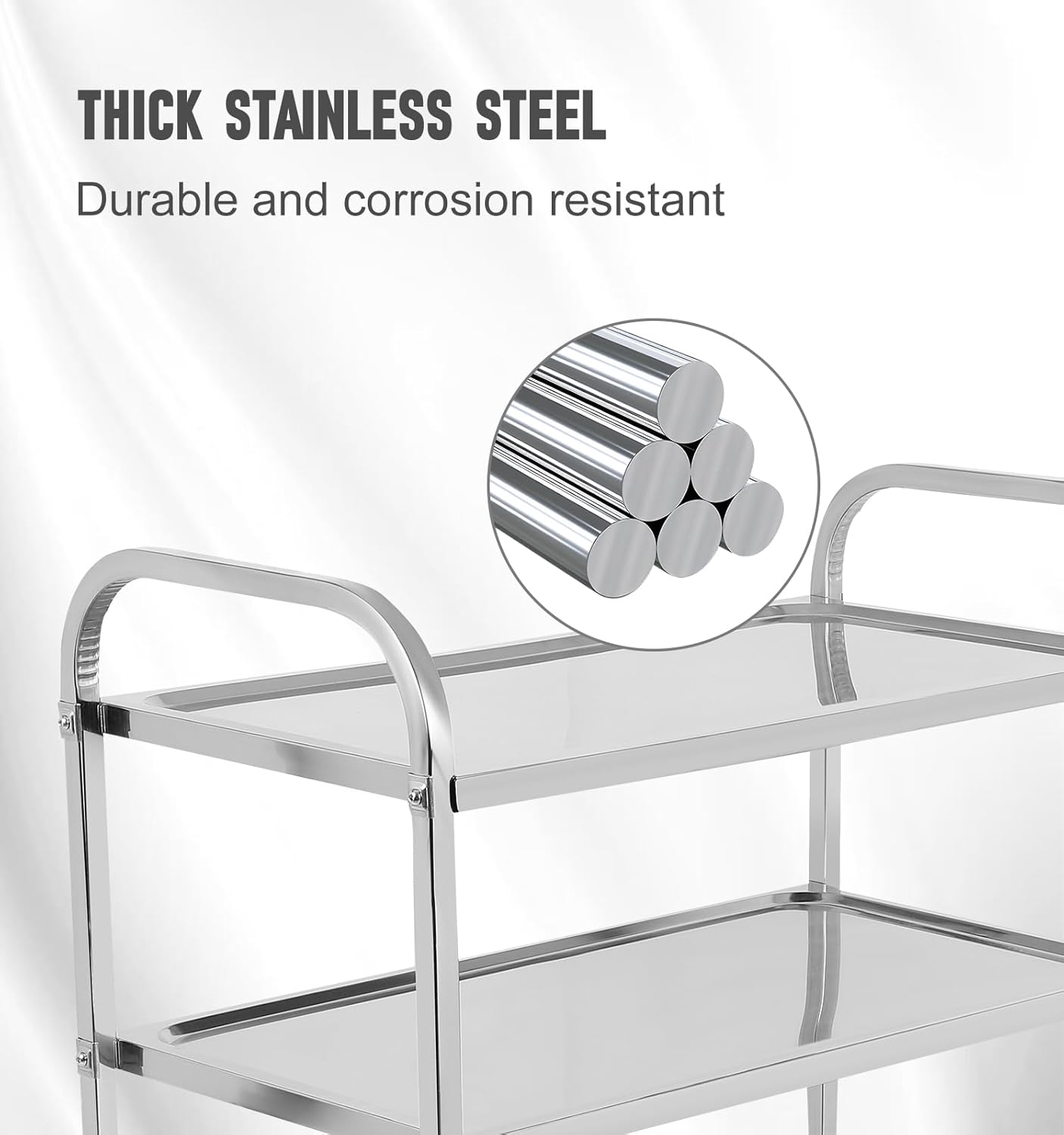 3 Shelf Stainless Steel Cart with Wheels, Kitchen Rolling Cart 330 lbs Weight Capacity, Service Trolley with Lockable Universal Wheels, for Lab, Clinic, Kitchen, Salon, 37.2