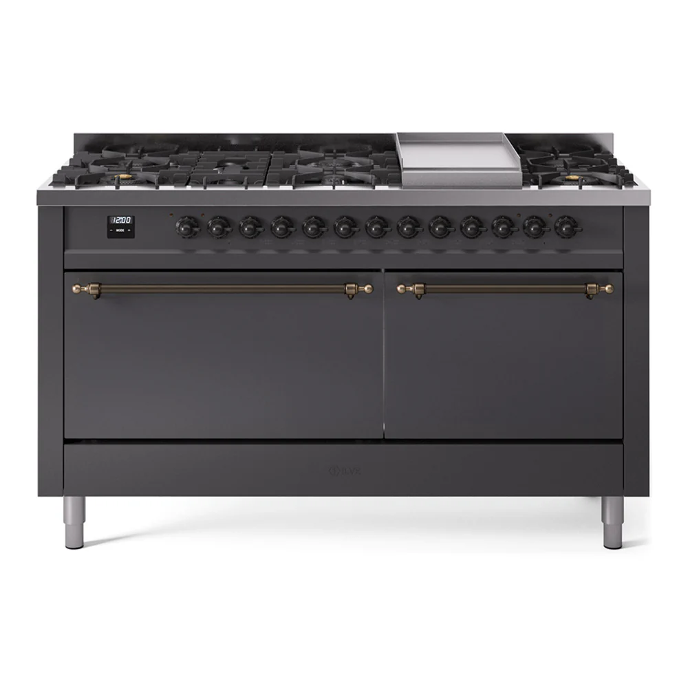 ILVE 60-Inch Nostalgie II Dual Fuel Range with 9 Burners, Griddle, and Solid Door Oven in Matte Graphite with Bronze Trim (UP60FQNMPMGB)