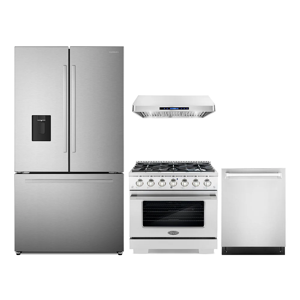 Cosmo 4-Piece Appliance Package - 36-Inch Gas Range, Under Cabinet Range Hood, Dishwasher and Refrigerator with Water Dispenser in Stainless Steel (COS-4PKG-638)