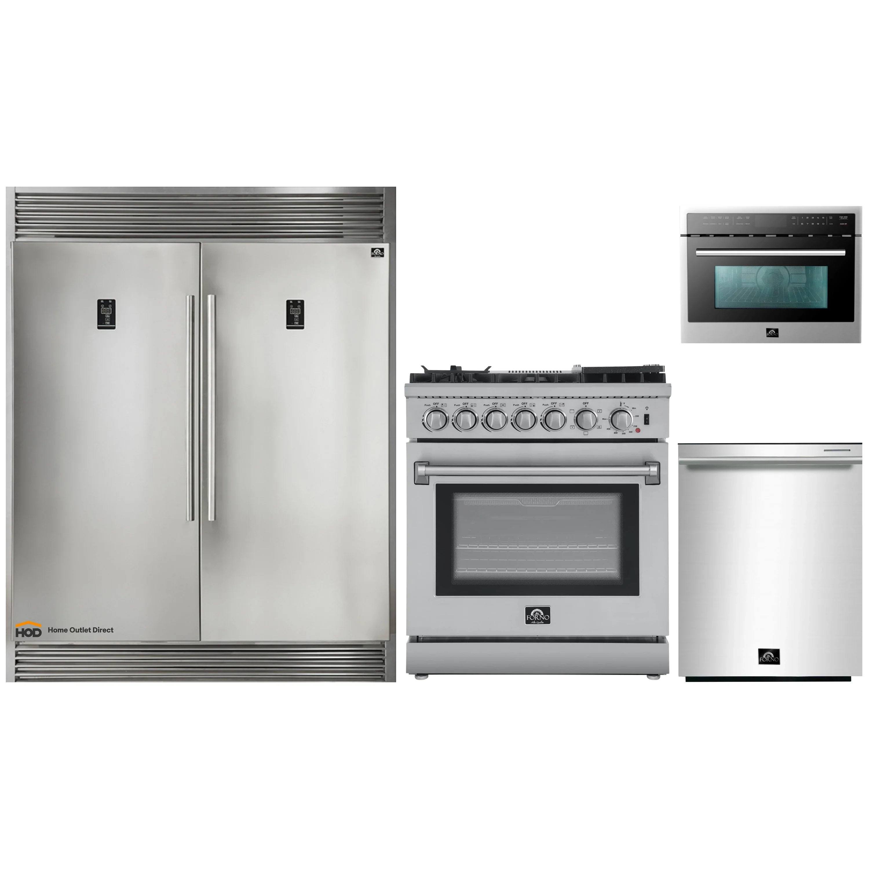 Forno 4-Piece Appliance Package - 30-Inch Dual Fuel Range with Air Fryer, 60-Inch Pro-Style Refrigerator, 24-Inch Microwave Oven, & 3-Rack Dishwasher in Stainless Steel