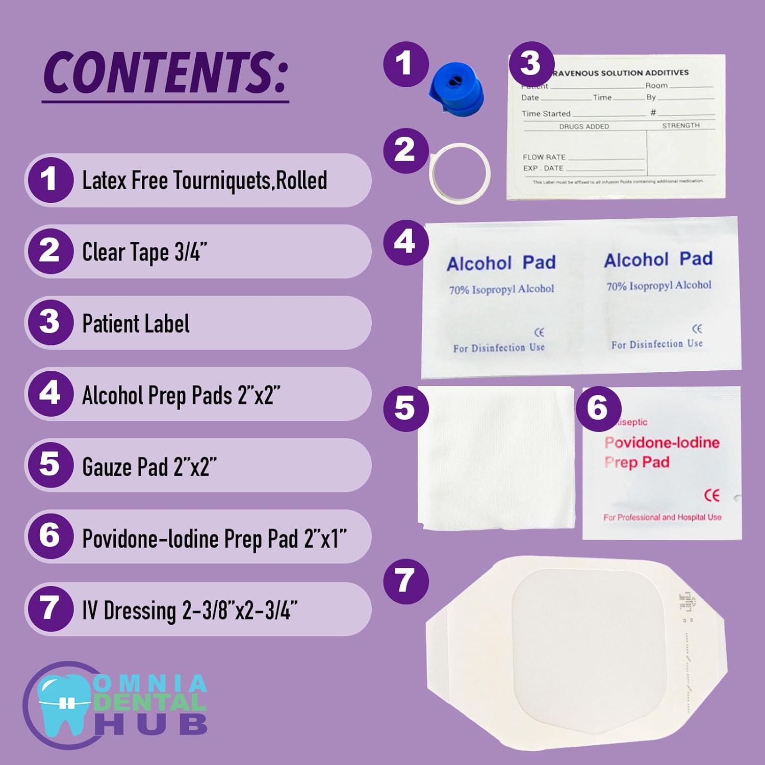 Omnia IV Starter Kit with Gauze/Chlorascrub Swab LF | 100 Pcs Latex-Free Tourniquets | Posi-Guard Catheter Securement Device & Transparent Window Dressing