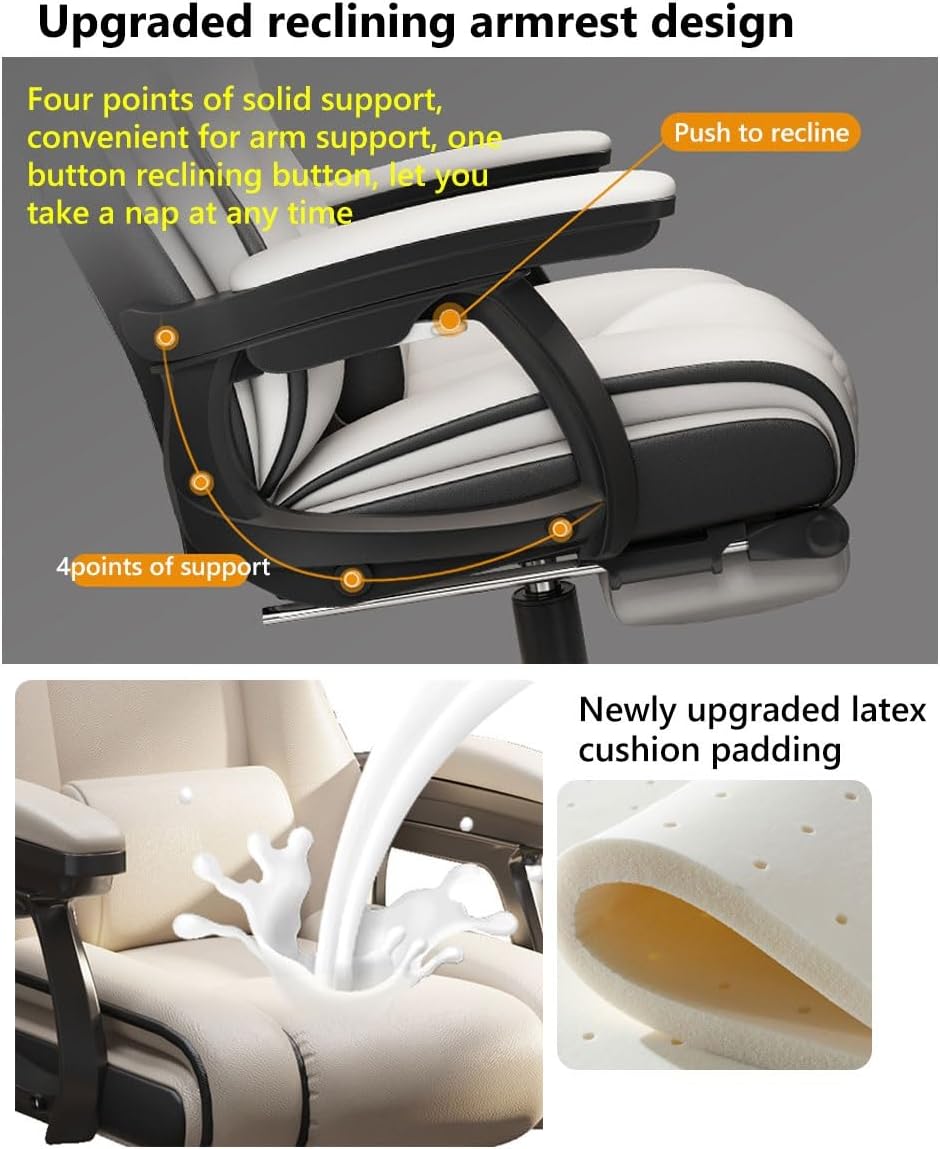 Height Adjustable Chair Swivel Gaming Chair Task Chair with Arms and Wheels,Leather Office Chair Back Support Executive Chair for Adult Computer Chair Latex Cushion/Pin(Beige/B