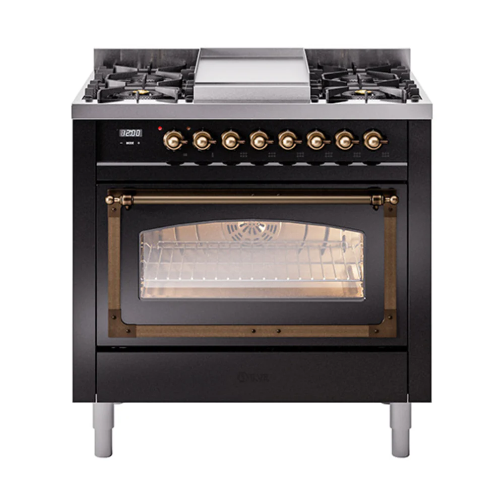 ILVE Nostalgie II Noblesse 36-Inch Dual Fuel Range and Triple Glass Door in Glossy Black with Bronze Trim (UN36FNMPBKB)