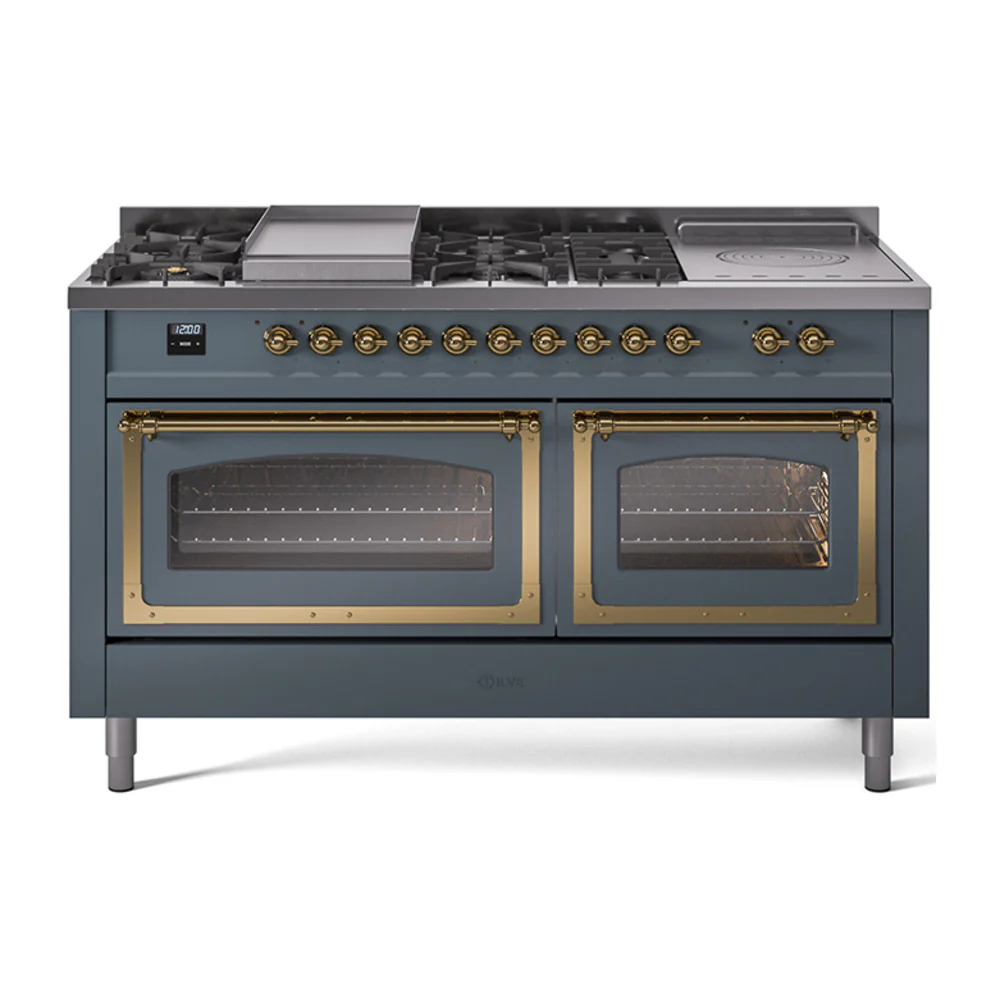 ILVE 60-Inch Nostalgie II Noblesse Dual Fuel Range with 7 Sealed Burners, Griddle, French Top and Triple Glass Door Oven in Blue Grey with Brass Trim (UN60FSNMPBGG)