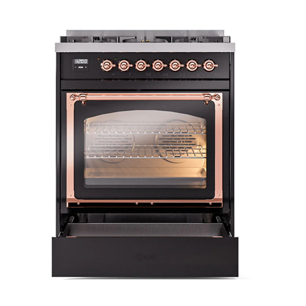 ILVE Nostalgie II Noblesse 30-Inch Dual Fuel Range with Solid Door in Glossy Black with Copper Trim (UN30QNMPBKP)