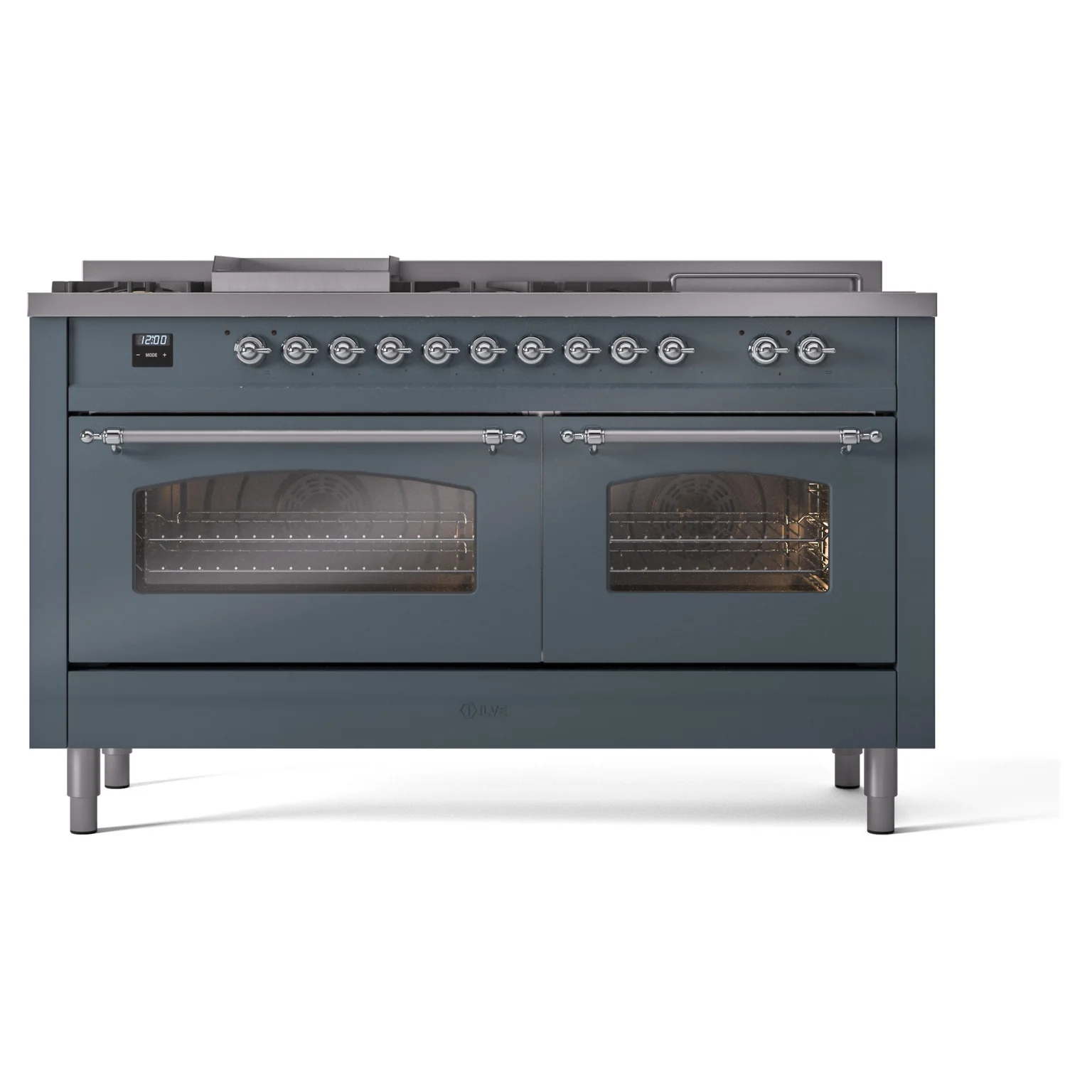 ILVE Nostalgie II 60-Inch Dual Fuel Range with 7 Burners, Griddle, & French Top with Triple Glass Door Oven in Blue Grey with Chrome Trim (UP60FSNMPBGC)