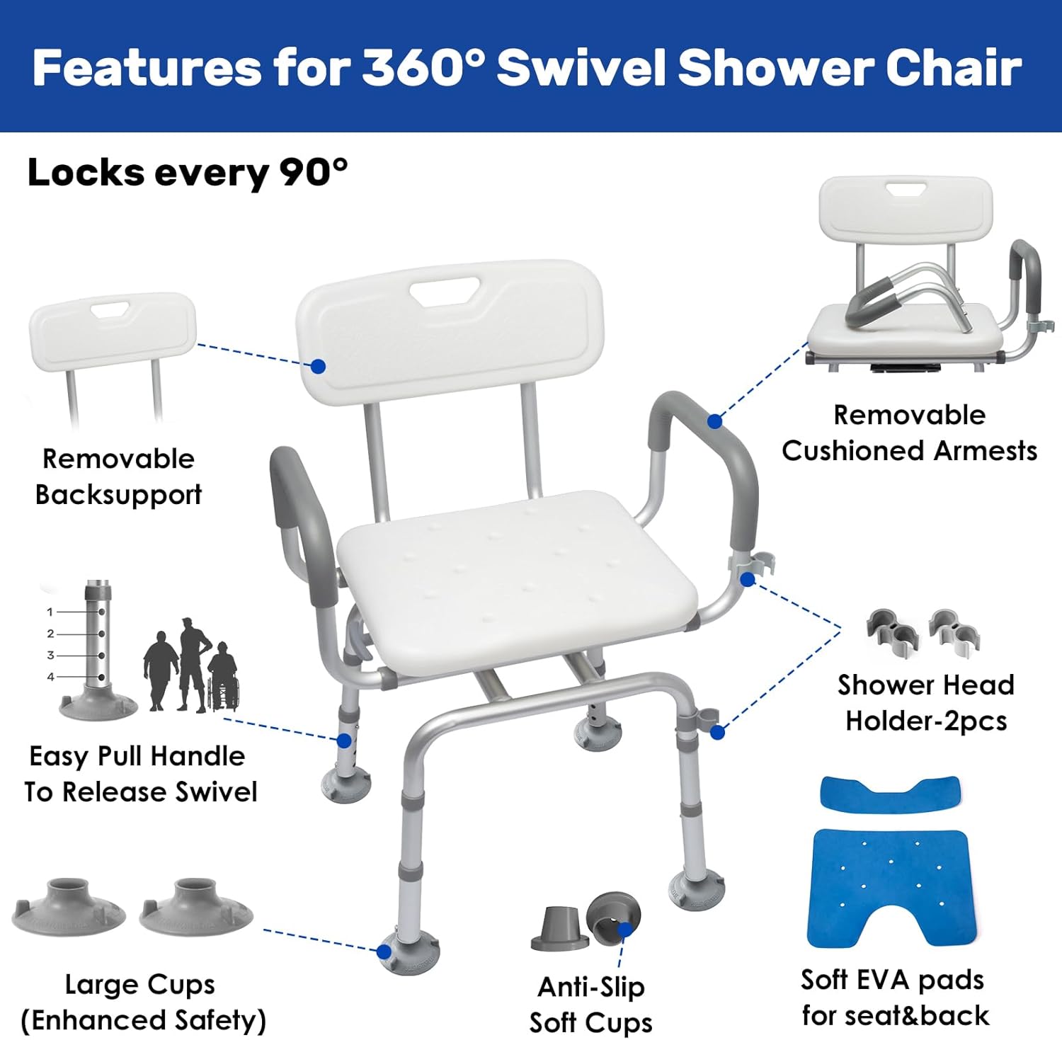 360° Swivel Shower Chair with Back and Arms-FSA Eligible, Rotating Shower Chair, Swiveling Shower Chair with Cold-Proof Pads, Support 400lbs,Swivel Shower Chair for Inside Shower