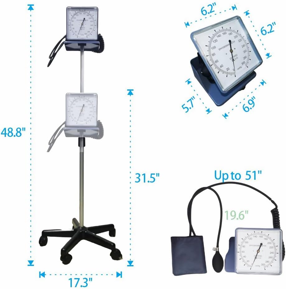 Rolling Stand Type Aneroid Sphygmomanometer with Cuff, Clear Gauge
