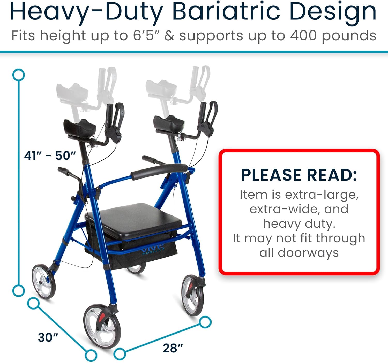 Vive Bariatric Upright Walker with Seat - Heavy Duty Senior Stand Up Rollator, Extra Wide Frame - Padded Armrest & Backrest -Mobility Aid Portable Rolling Walker with Bag - Fits Tall & Large People
