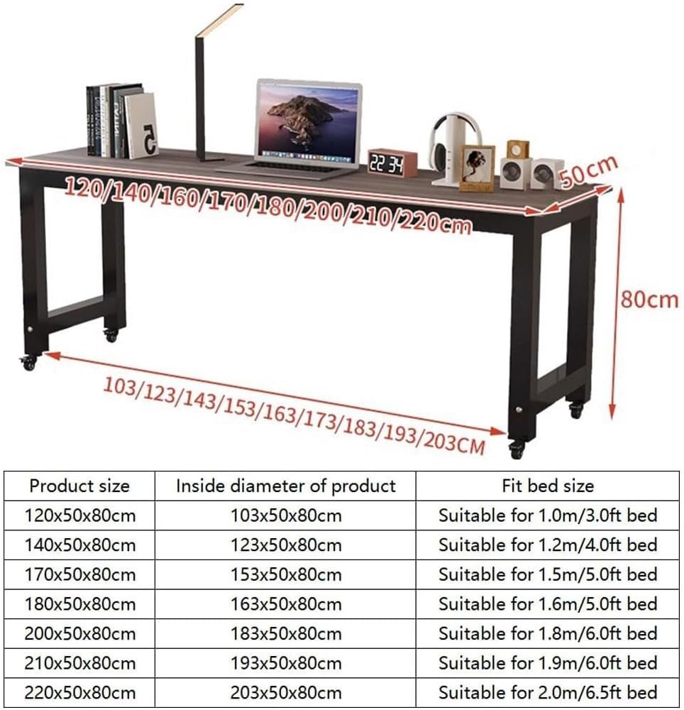 Adjustable Overbed Table with Lockable Wheels – 200x60cm Rolling Laptop Desk for Bed, Sofa & Home Office Use(170x50x80cm)