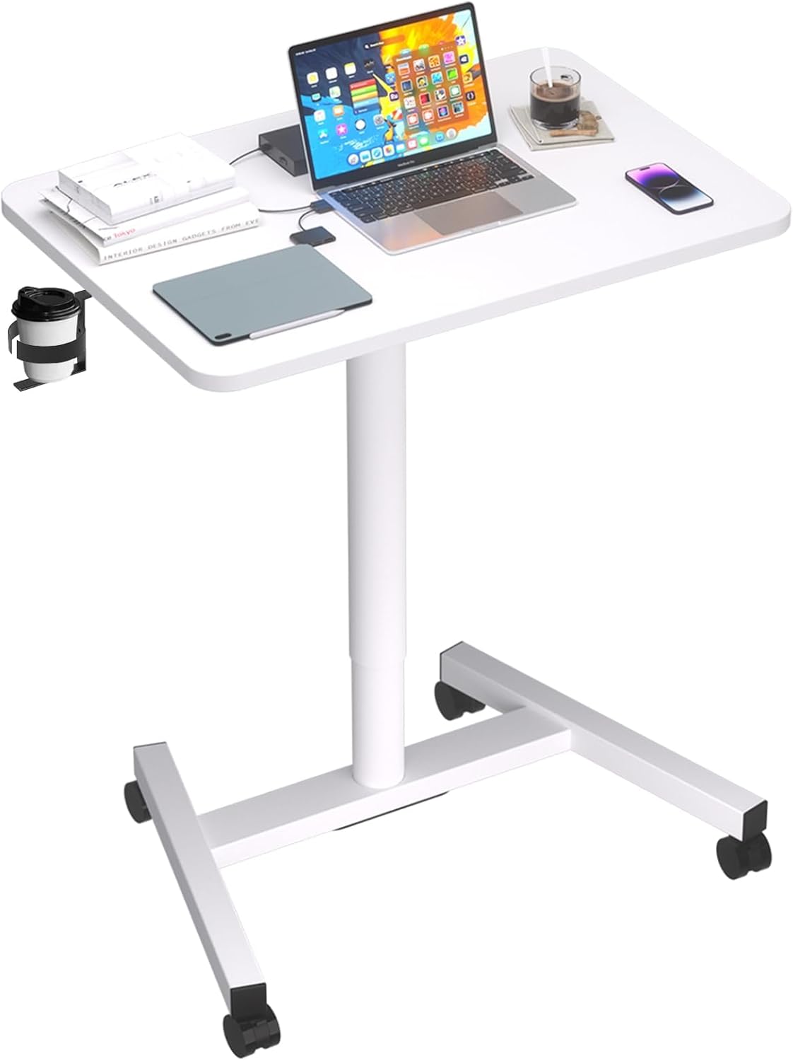 28-Inch Mobile Standing Desk, Computer Workstations with Cup Holder, Portable Standing Desk with Lockable Wheels, Rolling Table for Home Office Classroom Hospital (Snow-White, Steel Classic)