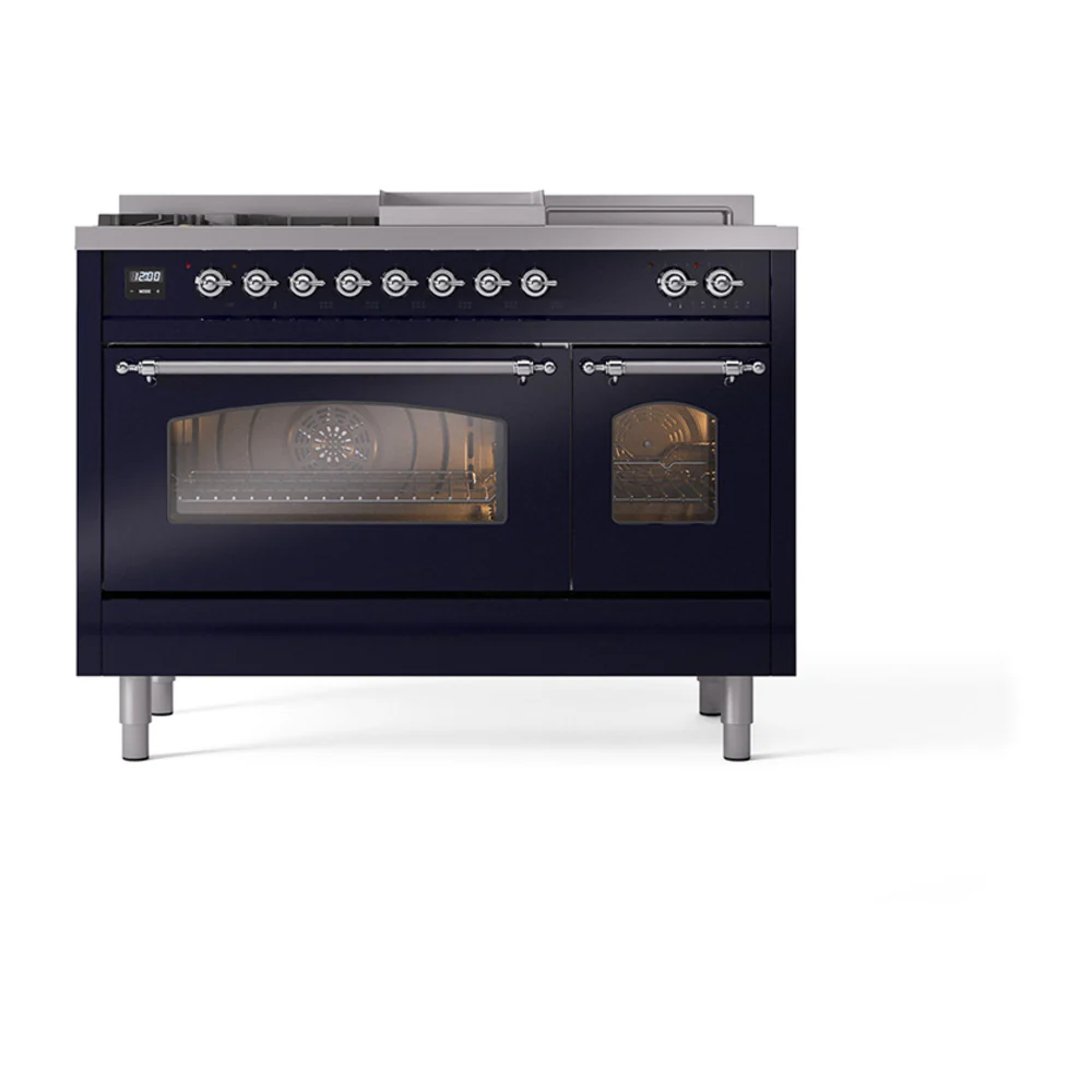 ILVE Nostalgie II 48-Inch Dual Fuel Range with 5 Burners, Griddle, & French Top with Triple Glass Door Oven in Midnight Blue with Chrome Trim (UP48FSNMPMBC)