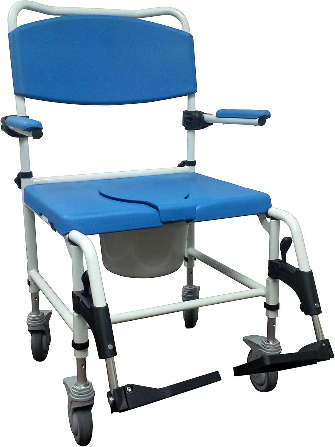 Drive Medical NRS185008 Bariatric Aluminum Rehab Shower Commode Chair with Two Rear-Locking Casters, Blue and White