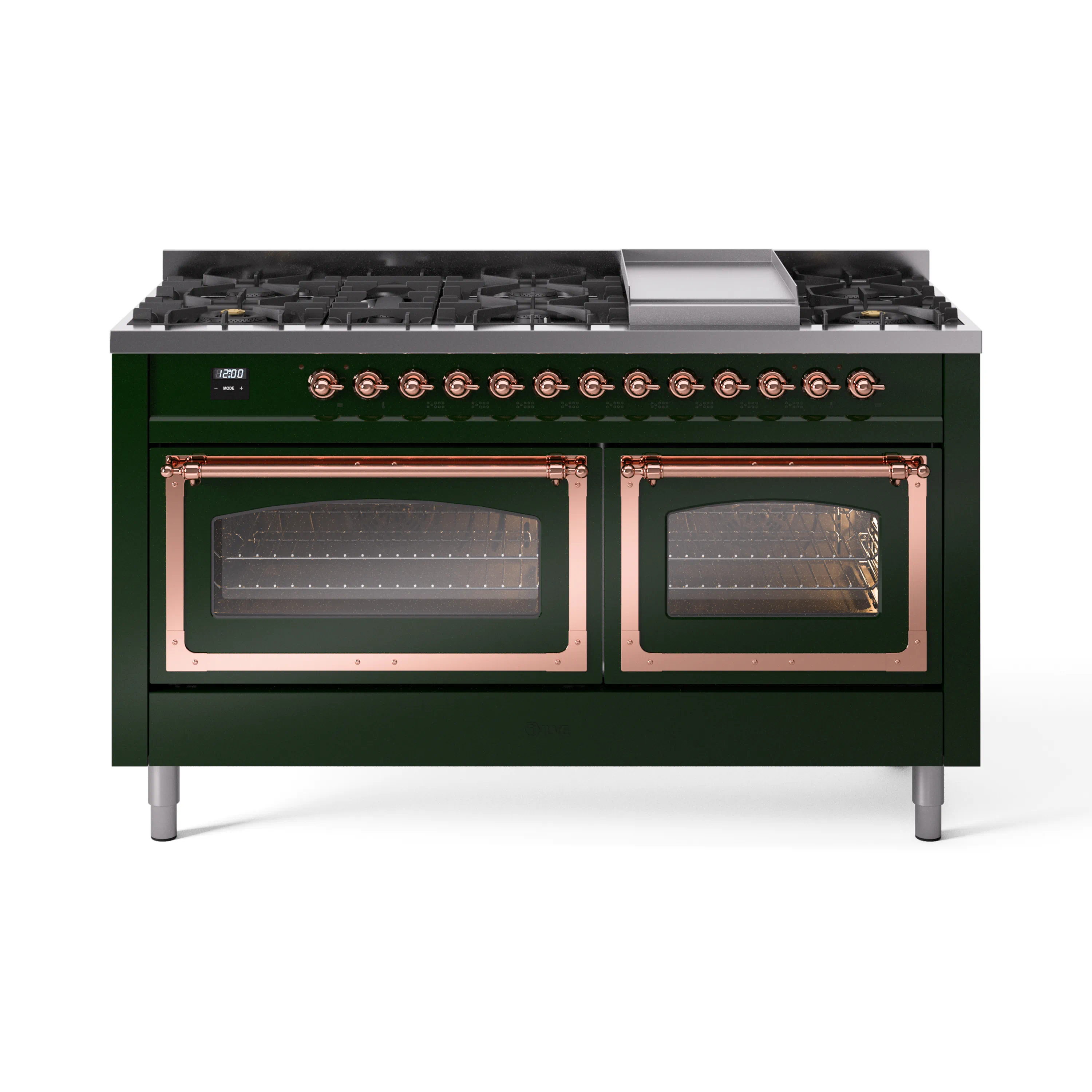 ILVE 60-Inch Nostalgie II Noblesse Dual Fuel Range with 9 Sealed Burners, Griddle, Triple Glass Door Oven in Emerald Green with Copper Trim (UN60FNMPEGP)