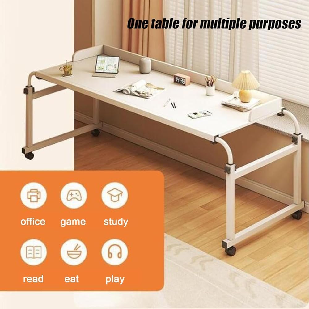 Mobile Over Bed King Queen Laptop Long Overbed Table Adjustable Height with Wheels Food Tray Desk Rolling Medical Table Overbed Bedside Table with Rolling Wheels
